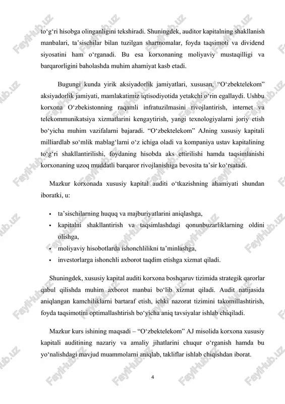qoplanib bo‘lgandan so‘ng qoladigan aktivlarning qiymatini ifodalaydi. u korxonaning iqtisodiy erkinligini belgilaydi, chunki tashqi qarzlardan farqli ravishda, xususiy kapital korxona tomonidan qaytarilishi talab qilinmaydi. moliyaviy nazariya nuqtai nazaridan, xususiy kapital korxonaning “moliyaviy tayanch nuqtasi” hisoblanadi. u korxona faoliyatini boshlash, rivojlantirish, yangi loyihalarni moliyalashtirish va foyda taqsimotini amalga oshirishda muhim o‘rin tutadi. shuningdek, korxona xususiy kapitalining miqdori va tarkibi uning investitsion jozibadorligini baholashda asosiy mezonlardan biri sifatida qaraladi. 1.2. xususiy kapitalning tarkibi va elementlari o‘zbekiston respublikasi buxgalteriya hisobining milliy standartlariga (bhms) hamda xalqaro moliyaviy hisobot standartlariga (ifrs) muvofiq, korxona xususiy kapitalining tarkibi quyidagicha ifodalanadi: 1. ustav kapitali – ta’sischilar tomonidan korxona tashkil etilgan paytda yoki keyinchalik qo‘shimcha aksiyalar chiqarish yo‘li bilan kiritilgan mablag‘lar. ustav kapitali korxona ustavida belgilangan miqdorda shakllantiriladi. 2. qo‘shimcha kapital – ustav kapitalidan tashqari manbalardan olingan mablag‘lar (masalan, asosiy vositalarni qayta baholash, aksiyalarni yuqori narxda sotishdan tushgan daromadlar va boshqalar). 3. zaxira kapitali – foydaning bir qismini maxsus …