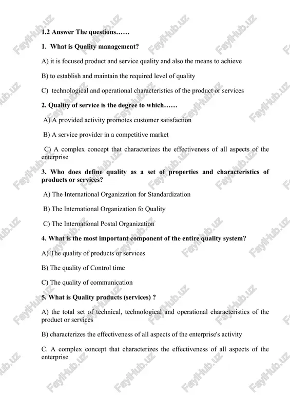 and maintain the required level of quality 8.which are main components of quality management? a) quality planning, quality assurance, quality control b) quality providing, quality improving, delivering c) quality production, quality assurance, quality providing basic consepts of the quality management theory 2-text (conversation between journalist and director of enterprise) j=journalist d= director of enterprise j: at present, any consumer of quality of products and services is paying much attention, and how do you explain the concept of quality management in outsourced production or service? d: the introduction of quality management systems in enterprises will lead to transparency in the most developed countries in the world, which means that processes are managed in a well-documented and well-documented way, which, in turn, provides quality products or services to the consumer. at the same time, this system increases the authority of the business or service department, creates an international approach to staffing, results …