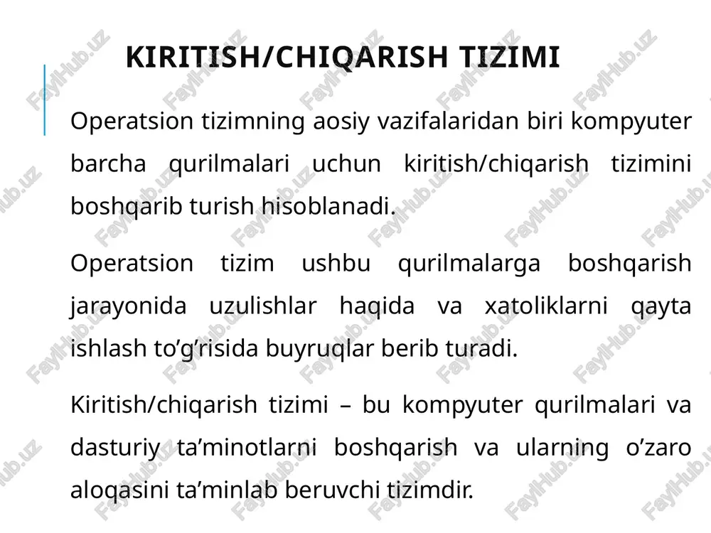 inlaydi. kiritish va chiqarish ikkita usuli: kiritish/chiqarish tizimining dasturiy ta’minoti kiritish/chiqarish tizimining dasturiy ta’minoti quyidagi to’rtta sath orqali yaratiladi: uzilishlarni qayta ishlovchi (quyi sath) qurilma drayveri apparaturga mos operatsion tizim kodi (dasturiy ta’minoti) foydalanuvchi dasturlar (yuqori sath) apparaturga mos operatsion tizim kodi (dasturiy ta’minoti) apparaturga mos dasturiy ta’minoti quyidagi asosiy vazifalarni bajaradi: qurilma drayverlari uchun bir xil muhitli interfeys () buferlash xatoliklar haqida xabar belgilangan qurilmani bo’shatish (tekshirish) apparatga bog’liq o’lcham blokini boshqarish qurilma drayverlari uchun bir xil muhitli interfeys foydalanuvchi dasturlar (yuqori sath) dasturlash tillarida kiritish chiqarish operatorlari va funksiyalari quyidagilar: c tilida kiritish va chiqarish operatori: printf(“salom men ma’lumotlarni ekranga chiqaraman”) scanf(“%format”,&o’zgaruvchi) -> scanf(“%d”,&a) nazorat savollari 1. kiritish/chiqarish apparat ta’minoti nima? 2. kiritish/chiqarish dasturiy ta’minoti nima? 3. kontroller vazifasini ayting? 4. registr nima? foydalanilgan adabiyotlar 1. andrew s. tanenbaum, albert s. woodhull. operating systems: design and implementation, chapter 1, 1.5. sructure of operating systems 2. gordeev a.v. operatsionnie …