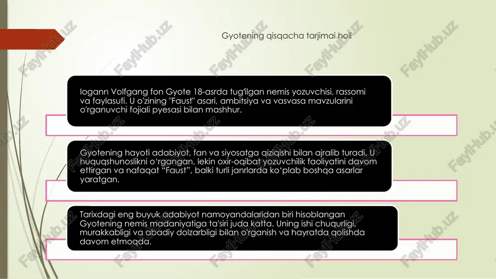 svasa va inson tajribasi mavzularini o'z ichiga olgan mashhur asardir. unda iblis bilan shartnoma tuzgan olim faustning hikoyasi davom etadi. faust xarakteri ezgulik va yovuzlik o'rtasidagi abadiy kurashni ifodalaydi, insoniyatning tabiati va bilimga intilish haqida falsafiy savollar beradi. gyote yozuvi timsol va obrazlarga boy. “faust”ni sinchiklab o‘rganish orqali o‘quvchilar gyotening inson tabiati va axloqining murakkabliklari haqidagi qarashlarini tushunishlari mumkin. matn insoniy holatni chuqur va o'ylantiruvchi tadqiq qilishni taklif qiladi. gyotening "faust" orqali merosi gyotening "faust" asari ambitsiya, kuch va najot mavzularini o'rganuvchi klassik asardir. bu nemis adabiyotining eng buyuk asarlaridan biri hisoblanadi. faust xarakterida insonning bilim va tajribaga intilishi, shuningdek, nazoratsiz ambitsiyalarning oqibatlari mujassam. gyote “faust” orqali inson tabiatining murakkabliklarini, ezgulik va yovuzlik o‘rtasidagi abadiy kurashni chuqur o‘rganadi. "faust" haqidagi xulosa va mulohazalar xulosa qilib aytadigan bo‘lsak, gyotening “faust” asari inson tabiati va bilimga intilishning murakkab tomonlarini chuqur o‘zlashtirgan abadiy durdona asaridir. asarda odob-axloq haqidagi an’anaviy qarashlarga qarshi kurash olib …