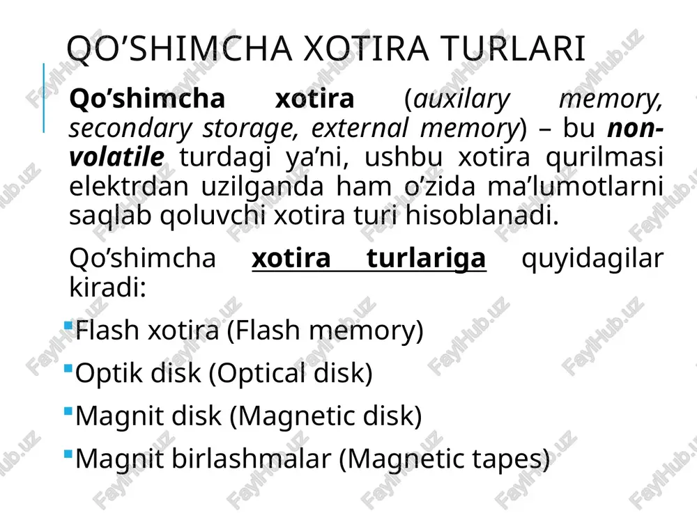 klar o’lchamlari o’zgartirilishi mumkin offline holatdagi disklarni yaratish mumkin kompyuterni qayta ishga tushirmasdan sozlash mumkin special partition automatically created to store the configuration of the disk volume f: volume g: raid controller aparati raid – kengaytmasi redundant array of independent disks ko’p qatlamli mustaqil disklar massivi. 1987 yilda raid (david a. patterson), (garth a. gibson) va (randy h. katz) yaratilgan. kaliforniyskiy universitet v berkli. nomidan kelib chiqib raid – bir nechta disklarni birlashtirish usuli va ularni bir disk sifatida ko’rsatishdir. raid massivi har xil usullarda tashkil etilishi mumkin va oxirgi konfiguratsiyalarga bog’liq holda har xil xarakteristikalarga ega bo’lishi mumkin. raid konfiguratsiyalari deb ataluvchi sathlardan iborat. raid - g’oya: ko’plab disklardan parallel foydalanish, o’tkazuvchanlik qobilyatini va ishonchliligini oshiradi. - fayllar disk bo’yicha taqsimlanadi. - har bir qismdagi yo’lakda o’qish/yozish parallel ravishda amalga oshadi . muammolari: - kichik fayllar yo’lakka to’liq yozilmaydi - butun yo’lakni o’qib olish zarur, kichik yozuvni yangilash keyin …