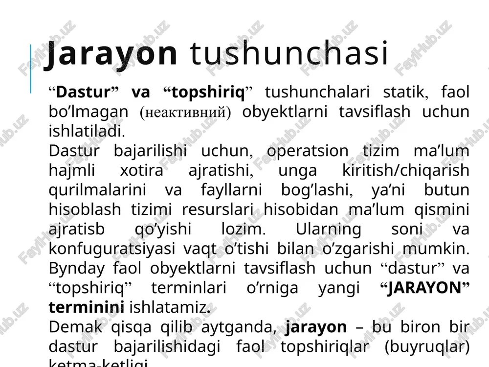 bo’lib barcha interaktiv jarayonlar bajariladi keyin fon rejimidagilari. vaqtlarni bo’lish asosida: - o’zining jarayonlari orasida rejalastirish uchun har bir navbatga mp vaqtining bir qismi ajratiladi, masalan, mp vaqtining 80 % interaktiv jarayonlar uchun rr (round robin) orqali, 20 % fon rejimidagi jarayonlar uchun fifo orqali. ko’p bosqichli navbat qayta aloqa bilan tizimli interaktiv (“aynan”) interaktiv (“joriy”) paketli jarayonlar foydalanuvchi ishga tushirgan ko’p bosqichli navbat qayta aloqa bilan (multilevel feedback queue scheduling) sarflangan vaqt asosida rejalastirish, agar jarayon aniq kvant vaqt sarflagan bo’lsa, u dinamik qayta rejalshtiriluvchi navbatga joylashtiriladi. agar keraklicha tez bajarilsa unda u birinchi “tezkor” jarayonlar navbatiga tushadi. agar o’rtacha vaqt talab qilsa, unda o’rta navbatga tushadi. agar ko’p vaqt talab etsa, unda fifo ning oxirgi navbatiga tushadi. buning hisobiga jarayonlar doim navbatlar orasida ko’chib yuradi. shuning uchun ham jarayonlarni joylashtirish va uning holatini o’zgartirish kerak emas. kvant 32 ms kvant 64 ms fifo 24 first come first serve …