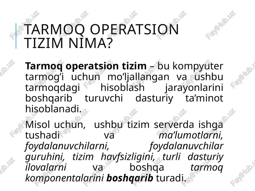 a chetdan olingan dasturlar manba bo'lib xizmat qilgan. operatsion tizimlar va qurilmalarning ichki dasturlari hissasiga nosozliklarning tegishli ravishda 13 va 4 foizi to'g'ri keldi foydalanilgan adabiyotlar 1. andrew s. tanenbaum, albert s. woodhull. operating systems: design and implementation, chapter 1, 1.5. sructure of operating systems 2. http://en.wikipedia.org/wiki/network_operating_system image2.png image3.jpeg image4.png image5.png image6.jpeg image7.jpeg image8.png image9.png server network operating system (1) machine a machine b. machine c distributed applications network os services kernel network general structure of a network operating system to a a a computer computer computer” “computer peer-to-peer enviroment > a ro ‘server worsiaton workstaton workslaton ‘clonvserver enveoment fo ro ro mainrame: mainframe enviroment the client-server model applications client peer-to-peer software | networking operating system hardware interface unix/linux =| netware key: +--* client to server network communications »—+ peer-to-peer network communications \ i’ server operating system apple mac osx ‘apple is linux kernel ‘microsoft windows server 2008 microsoft windows …