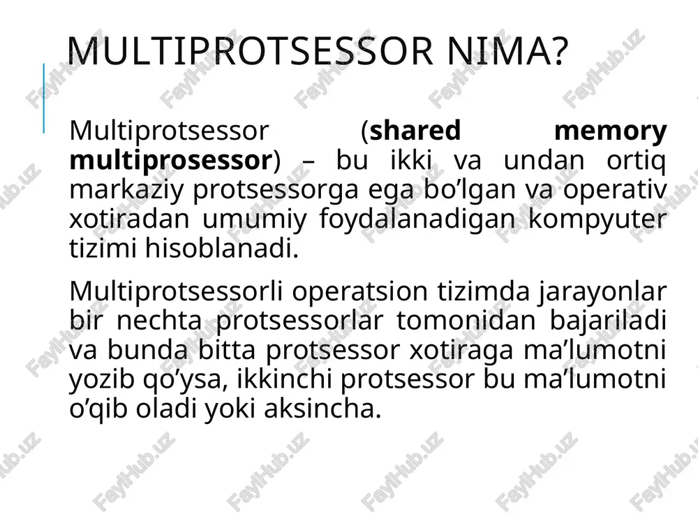 lementlaridan yig’ilishi mumkin; alohida protsessorlarning hisoblash kuchi oshib borishi nisbatan kam miqdordagi alohida kompyuterlardan klaster qurish imkonini beradi (lowly parallel processing), algoritmlarda hisoblarni parallel bajarish uchun faqat katta mustaqil qismlarga ajratish kifoya ekanligi (coarse granularity). foydalanilgan adabiyotlar 1. andrew s. tanenbaum, albert s. woodhull. operating systems: design and implementation, chapter 8. multipleprocessor systems, 8.1 multiprosessors 2. http://www.cs.vu.nl/~ast/books/mos2/sample-8.pdf image2.wmf oleobject1.bin image3.jpeg image4.png image5.jpeg image6.png image7.png image8.png image9.wmf oleobject2.bin image10.wmf image11.wmf image12.emf oleobject3.bin oleobject4.bin oleobject5.bin image13.emf image14.emf oleobject6.bin oleobject7.bin image15.png image16.wmf oleobject8.bin image17.wmf oleobject9.bin ncc - numa cc - numa coma taqsimlangan xotira numa smp pvp umumiy xotira uma ìóëüòèïðîöåññîð mpp cluster lar ì óëüòèêîìïüþòåð (norma) mimd ncc-numa cc-numa coma taqsimlangan xotira numa smp pvp umumiy xotira uma multiprotsessor mpp clusterlar multikompyuter (norma) mimd multiprocessor synchronization word 1000 is initially o cpu 1 memory cpu 2 1. cpu 1 reads a0 2. cpu 2 reads a0 3. cpu 1 writes a1 4. …