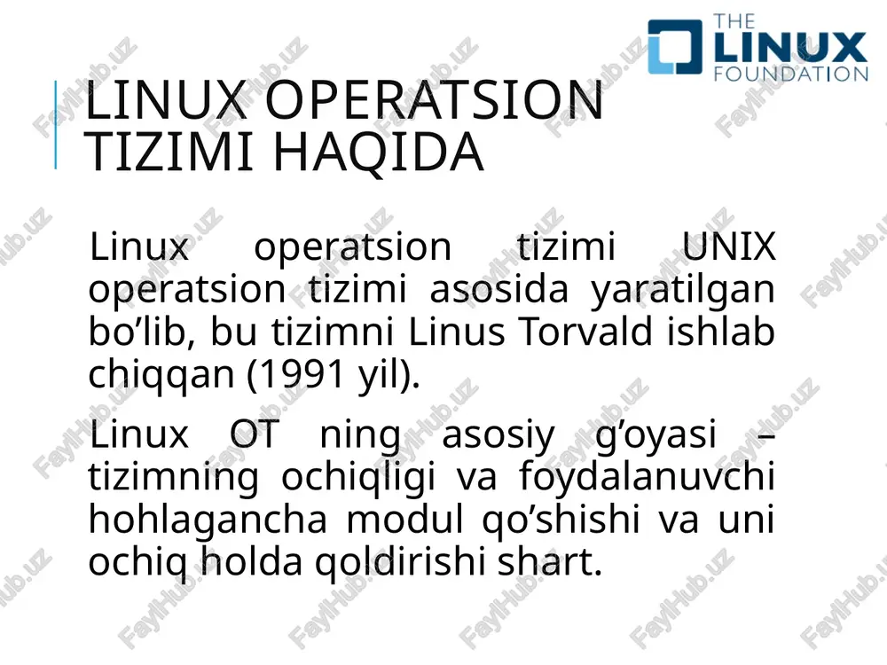 kllantirilib boriladi kernel linux yadrosi 1991-yil 25-avgust kuni torvalds elektron pochta tarqatmasi orqali yangi operatsion tizim ustida ishlayotganligi haqidagi yangilikni tarqatdi va tizimning birinchi versiyasi 17-sentyabrda chop etila boshlandi. tizimni freax (free — ochiq, erkin, freak — injiqlik va unix ning oxirgi harfi) nomlanishi ko’zda tutilgan edi. lekin torvaldsning do’sti, ftp server egasi ari lemmkega bu nom yoqmadi va katalogning nomini linux ga o’zgartirdi. linux emblemasi uzoq tanlandi va oxiri pingvin tux da to’xtaldi. sababi esa torvaldsning «just for fun» kitobida keltiriladi: 1993-yili avstraliya zooparklaridan biridagi sayrda uni pingvin cho’qib oladi va bu holat tux ning yaralishiga sabab bo’lgan. linux emblemasi amerikalik dasturchi larri erving tomonidan yaratilgan. hozirgi vaqtda torvalds redhat kompaniyasi aksiyalariga egalik qiladi va linux foundation da ishlaydi. yadro yaratilishi statistikasi 2005 yildan buyon statistik ma’lumotlar yig’ilib kelinmoqda. bugungacha linux yadrosiga 1000 dan ortiq kompaniyalarning 10 000 ta dasturchilar o’z xissalarini qo’shishdi. 2012-yildan buyon 225 kompaniyaning 1000 nafar …