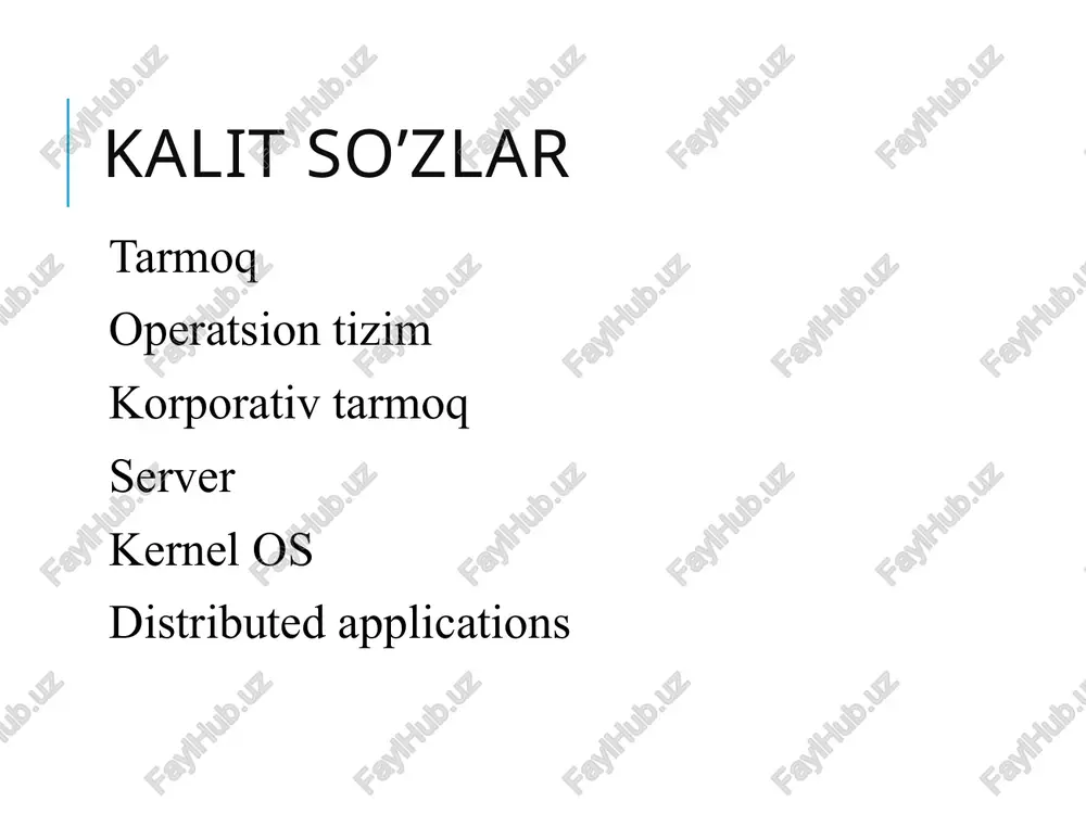 tni chaqirish uchun quyidagi amal bajariladi -bash-2.05b$ man man buyruqlar satrini interpretatsiyasi buyruqlarni kiritishda quyidagi kelishuvlardan foydalaniladi: buyruqlar satridagi dastlabki so’z bu buyruq nomi hisoblanadi; qolgan so’zlar – argumentlardir. argumentlar orasidan kalitlar ajratiladi (funksiyalar) – har bir buyruq uchun oldindan belgilangan belgilar (semvollar), dastavval bitta (qisqa format) yoki juft chiziqlar (uzun format). masalan: -bash-2.05b$ tar –c –f arch.tar *.c -bash-2.05b$ tar - -create - -file=arch.tar *.c topshiriqlar funksiyalarda o’zaro birlashishi mumkin. masalan quyidagi buyriqlar teng kuchli: -bash-2.05b$ ls –a –l -bash-2.05b$ ls –l –a -bash-2.05b$ ls –al qolgan argumentlar esa operatsiya bajarilayotgan obyektlarni ko’rsatadi. unix interfeysi foydalanilgan adabiyotlar 1. andrew s. tanenbaum, albert s. woodhull. operating systems: design and implementation, chapter 1, 1.5. sructure of operating systems 2. http://en.wikipedia.org/wiki/network_operating_system image2.png image3.png image4.jpeg image5.jpeg image6.jpeg image7.png image8.png image9.png image10.png image11.png image12.png image13.png image14.png image15.png image16.jpeg image17.gif () 2 () () () () dr b) @) im} lolpp a ec a © …