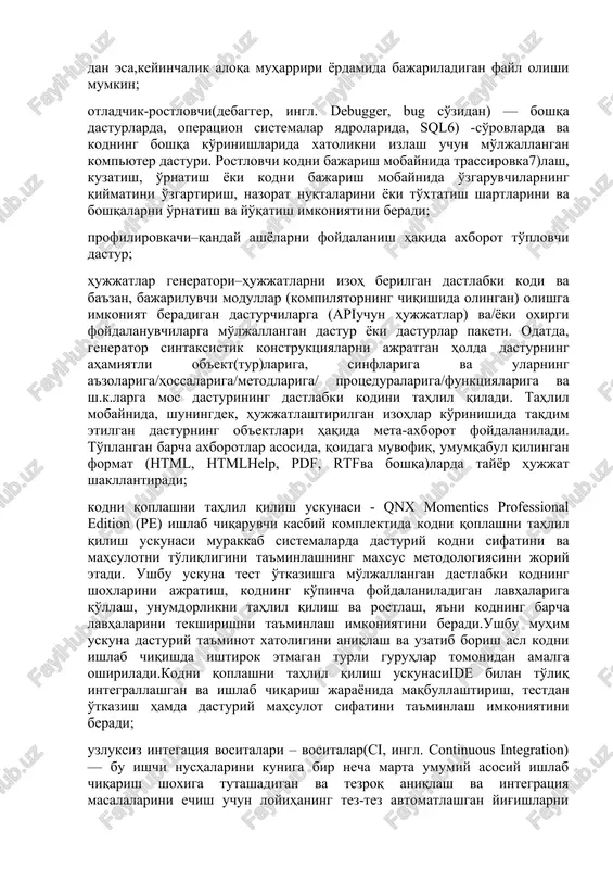 adigan dastur – kirishga bitta yoki bir nechta ob'ektli modullarni qabul qiladi va ular bo'yicha bajariladigan modul to'playdi; parserlar va parserlarning generatorlari(qarang. javacc5) ) - parseryokisintaksistik tahlilchi–kirishdagi berilgan(odatda, matn)larnituzulishli formatga o'zgartiradigan dastur qismi.parser matnni sintaksistik tahlilini bajaradi; assemblerlar (ingl. assembler –to'plovchi, yig'uvchi) –assembler tilida yozilgan dastlabki dastur matnini mashina tilidagi dasturga o'tkazadigan translyator.tilning ham o'zi kabi, assemblerlar, odatda, operatsion sistema va sintaksistik til variantining aniq arxitekturasi uchun maxsus xususiyatlidir. shu bilan birga, turli platformalar va operatsion sistemalarda ishlay oladigan multiplatformalik yoki umuman universal (aniqrog'i, chegaralangan-universal, chunki past darajadagi tilda apparatga bog'liq bo'lmagan dasturlarni yozish mumkin emas) assemblerlarmavjud. oxirdagilarorasida, shuningdek, mashinali kodlarni va boshqa arxitekturalar va operatsion sistemalar uchun bajariluvchi modul(fayl)larni to'plashga qodir bo'lgan kross-assemblerlar guruhini ajratish mumkin. assemblerlash dasturning bajariluvchi modulni olish yo'lida birinchi ham va oxirgi bosqichda ham bo'lmasligi mumkin. chunki, ko'pgina yuqori darajadagi tillardan kompilyatorlar natijani keyinchalik assembler qayta ishlaydigan assembler tilidagi dastur ko'rinishida beradi. shuningdek, assemblerlash natijasi …