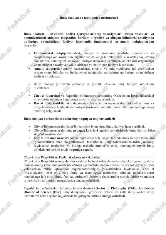 idan, quyidagilar joriy etiladi: a) ilmiy tashkilotlar rahbarlarini prezident huzuridagi davlat boshqaruvi akademiyasida oʻqitish va muntazam malakasini oshirib borish tizimi; b) hududlarda ilmiy faoliyat bilan shugʻullanib kelayotgan iqtidorli yoshlarni qoʻllab-quvvatlash, ilm-fanga keng jalb qilish maqsadida «akademik harakatchanlik» dasturi; v) ilmiy darajali kadrlarni tayyorlashni muvofiqlashtirishning yagona elektron tizimi, unda quyidagilar nazarda tutiladi: · stajyor-tadqiqotchi, izlanuvchi, ilmiy rahbar va konsultantlarga doir ma’lumotlar bankini shakllantirish, stajyor-tadqiqotchi va izlanuvchilarning yakka tartibdagi rejasidagi ishlar bajarilishini qayd etish; · ilmiy darajali kadrlarni tayyorlash institutlarining samaradorligi monitoringini olib borish, tegishli hisobotlar va tahliliy ma’lumotlarni shakllantirish; · stajyor-tadqiqotchilik, tayanch doktorantura, doktoranturada oʻqish uchun qabul kvotalari boʻyicha buyurtmanoma shakllantirish; · ilmiy darajali kadrlarni tayyorlash institutlarida oʻqish uchun talabgorlarni roʻyxatga olish; ikkinchidan, har bir ilmiy tashkilotda ilm-fan va ilmiy faoliyat boʻyicha maslahatchi lavozimi kiritiladi, bu lavozimga taniqli ilm-fan namoyandalari va nufuzli olimlardan biri tayinlanadi. shuningdek maslahatchi tashkilotning ilmiy kengashini boshqaradi; uchinchidan, tasdiqlangan qoraqalpogʻiston respublikasi, viloyatlar va toshkent shahrining ijtimoiy-iqtisodiy rivojlanish …