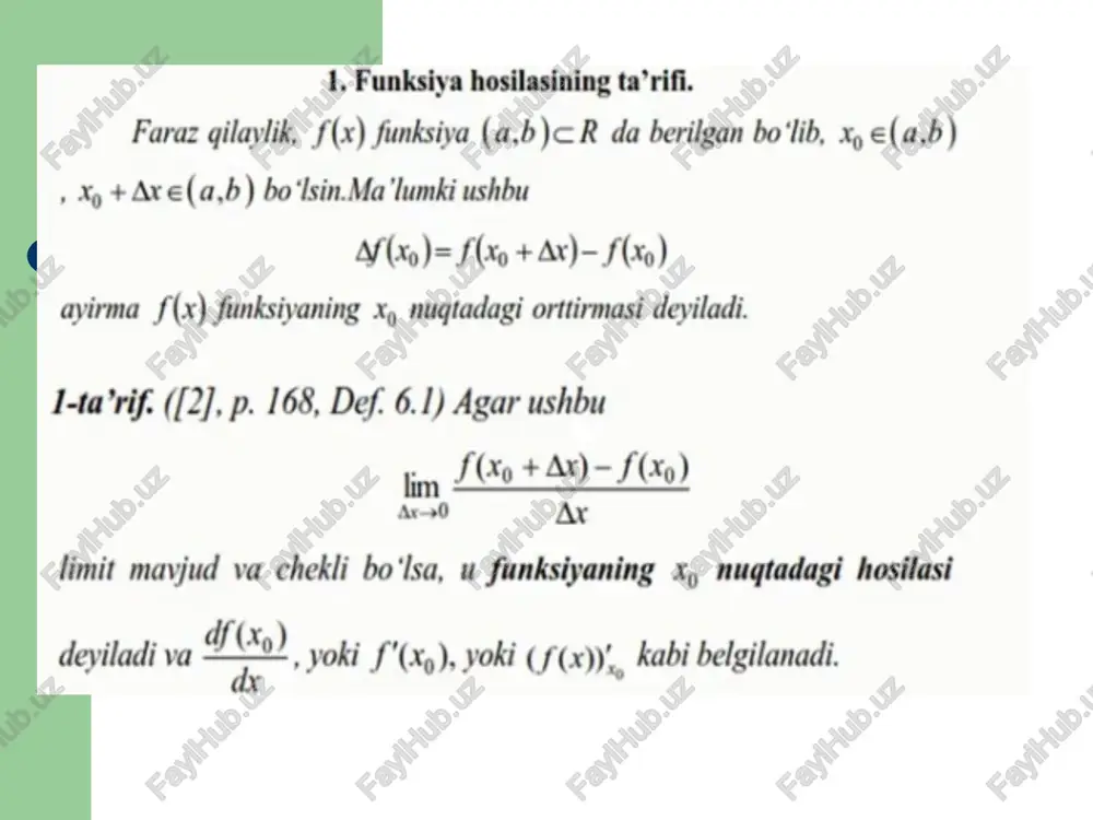 aniqlash mumkin. ‘yugori tartibli hosilalami yozishda quyidagi belgilar qo ‘ilaniladi: avy og), yi". y. for), yom ny. shunday qilib, y"=(y"), ¥9= (ny... y = (yey. ‘yugori tatibli hosilalami hisoblashda, bitinchi tartibli hosilani hisoblash qoidalari kabi qoidalar qo'llaniladi. masalan, y= sin’x fmk-siya uchun y= (sin’x)' = 2sin x(ginx)' = 2sinx cos x=sindx, y= (sin 2x)'= = 2eos2x, y"" = (2cos2x)! = - 4sin2x va hokazo. ff) for) x? pede-d...pat he & & & eee tnx pta-p! sin kx ie sind) cos kx de sin dot 2) aytaylik y=/(x) funksiya x nugtada differensiallanuvchi bo‘lsin. differensialning ta’rifiga ko‘ra ax, yoki erkli o‘zgaruvchining orttirmasini dx kabi yozishga kelishganimizni e’tiborga olsak, dv=y,’dx edi. endi x erkli o‘zgaruvchi emas, balki ¢ erkli o‘zgaruvchining differensiallanuvchi funksiyasi bo‘lsin: x=g(t). u holda y=f(g(t))=g(t) funksiya t o‘zgaruvchining murakkab funksiyasi va ‘dt tenglik o‘rinli bo‘ladi. lekin j =yy'x'dt va dx=x,dt larni e’tiborga olsak, dy=v,’dx formulaga ega bo‘lamiz, ya’ni differensialning avvalgi ko‘rinishiga …