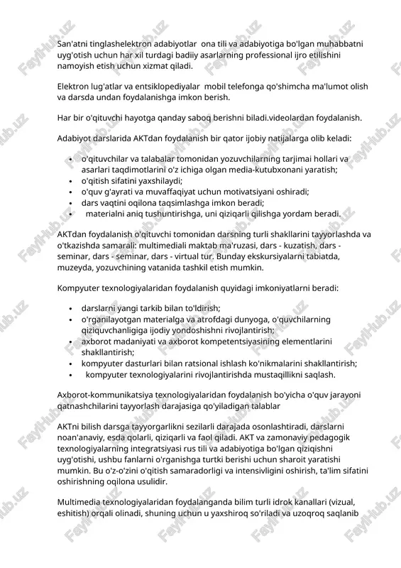 tarli joy yo'q deb o'ylamasligi kerak, yozilgan hamma narsa aniqmi yoki yo'qmi, sifatli bo'r nima ekanligi haqida tashvishlanmasligi kerak. vaqtni tejash bilan o'qituvchi dars zichligini oshirishi, uni yangi tarkib bilan boyitishi mumkin. didaktik materialkompyuter versiyasida keltirilgan, bir nechta muammolarni hal qiladi: · darsda o'qituvchilar va o'quvchilarning samaradorligini oshiradi; · darsda ko'rish qobiliyatidan foydalanish miqdorini oshiradi; · darsga tayyorgarlik vaqtida o'qituvchining vaqtini tejaydi. foydalanish juda qiziqarli ishpowerpoint dasturlari. bu bir qator ijobiy ta'sirlarga olib keladi: · darsni vizualizatsiya bilan boyitadi; · assimilyatsiya jarayonini psixologik jihatdan osonlashtiradi; · bilim mavzusiga qiziqishni uyg'otadi; · talabalarning umumiy ufqlarini kengaytiradi; · darsda o'qituvchilar va talabalarning samaradorligini oshiradi. tarmoqda qo'shimcha materiallar ko'pligiinternet sizga vizual va didaktik materiallar, testlar, tanqidiy maqolalar, insholar va boshqalar bankini yaratishga imkon beradi. san'atni tinglashelektron adabiyotlar ona tili va adabiyotiga bo'lgan muhabbatni uyg'otish uchun har xil turdagi badiiy asarlarning professional ijro etilishini namoyish etish uchun xizmat qiladi. elektron lug'atlar va entsiklopediyalar mobil …