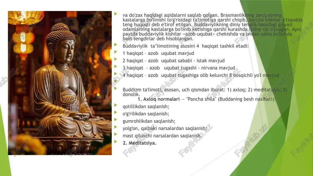 an iborat. yuqorida koʻrsatilgan uch amaliyot bosqichini oʻtagan inson oxir-oqibat oliy saodatga, yaʼni nirvana holatiga erishadi. nirvana soʻzining lugʻaviy maʼnosi — "oʻchish, soʻnish". unda hayotning har qanday koʻrinishiga intilish yoʻqoladi. sangxa jamoasiga qabul etilgan shaxs quyidagi 10 farzni ado etishga qasamyod qiladi: 1) hech kim yoki hech narsani hayotdan judo qilmaslik; 2) yolgʻon soʻzlamaslik; 3) oʻgʻrilik qilmaslik; 4) jinsiy aloqaga kirmaslik; 5) mast qiluvchi ichimlik ichmaslik; 6) kunning ikkinchi yarmidan to ertangi sahargacha ovqat tanovul qilmaslik; 7) uch kiyimdan ortiq hech narsa bilan tanani bezamaslik; 8) ommaviy koʻngilxushliklarda ishtirok etmaslik va tomoshabin sifatida qatnashmaslik; 9) baland va yumshoq oʻrinda yotmaslik; 10) pul ishlatmaslik. buddaviylik ta'limotida har qanday borliq (moddiylik) barcha ko'rinish va shakllardagi har qanday hayot – hamma mavjudotlarga azob beruvchi yomonlikdir. yomonlik va azob-uqubatlarning sababi – insonning va barcha tirik mavjudotlarning bu dunyoga qayta tug'ilib kelish dunyosi (sansara)ga bog'langanligi, unga ko'ngil qo'yganligidir. uningcha har qanday insoniy tuyg'u, hissiyot, ehtiros …