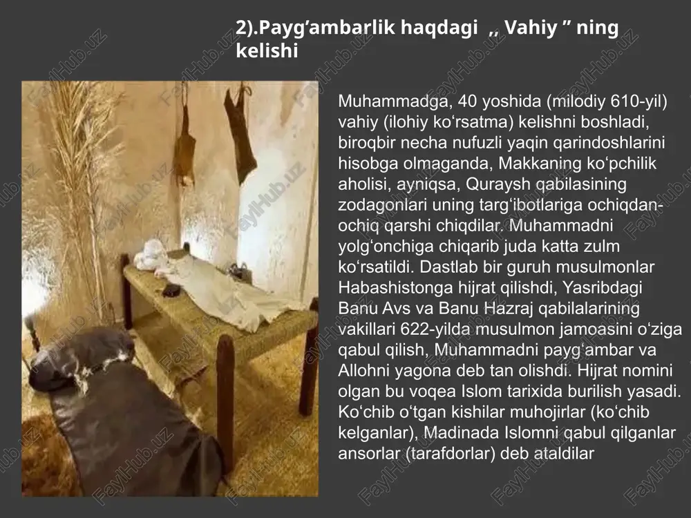 makkadan madinaga koʻchishi (hijrati)ga bagʻishlangan xutba oʻqiladi musulmonlarning aksariyati nishonlamaydigan bayramlar musulmonlarda ikki hayit bayramidan tashqari keng nishonlanmaydigan sanalar (kunlar va tunlar) bor, ammo baʼzi musulmon mamlakatlarida ular hali ham nishonlanadi. muharram oyining 7-kuni – xaybarga yurish. safar oyining 27-kuni – muhammad (s.a.v.) paygʻambarning makkadan madinaga hijrat qilgan kechasi (hijrat). ramazon oyining 1-kuni – ramazon oyida roʻza tutishning boshlanishi. ramazon oyining 17-kuni – badr jangi. ramazon oyining 21-kuni – makkaning taslim boʻlishi. shavvol oyining 9-kuni – uhud jangi. shavvol oyining 9-kuni – hunayn jangi. shavvol – xandaq jangi. zulqada oyining 6-kuni – hudaybiya shartnomasi. 4). hijrat qilishlikning sabablari hijrat (arabcha: هجرة‎ — migratsiya[1]) — muhammad paygʻambar boshchiligidagi musulmon jamoasining makkadan madinaga koʻchirilishi, milodiy 622-yilda sodir boʻlgan. hijriy yil islom qamariy taqvimining birinchi yili boʻldi. eron quyosh taqvimi ham hijrmuhammad paygʻambarimizning dastlabki vaʼzlari makka zodagonlarini hayajonga solmadi — faqat u kishi musulmon boʻlmaganlarni nasihat qilib, ularning ota-bobolari doʻzax olovida yonayotganini taʼkidlay …