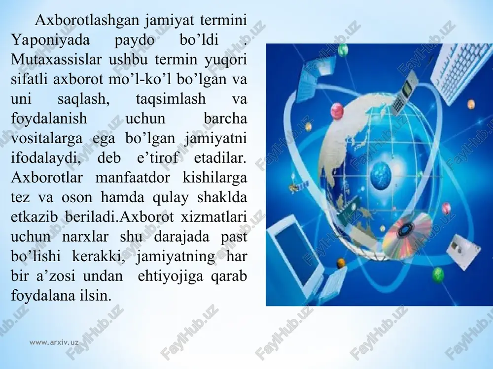shlab har yili 2 baravarga ortib bormoqda. www.arxiv.uz www.arxiv.uz axborot inqirozi bir qancha salbiy holatlarni keltirib chiqardi. ular orasida insonning chegaralangan qabul qilish va qayta ishlash imkoniyatlari bilan doimiy ko’payib boruvchi axborot oqimlari o’rtasidagi qarama-qarshilik; foydali axborotlarni o’zlashtirishga halal beruvchi ulkan ortiqcha axborot massasining mavjudligi; axborot tarqalishiga xalaqit beruvchi iqtisodiy, siyosiy va boshqa to’siqlarning mustahkamlanishi muammolarini ajratish mumkin. axborotlashgan jamiyat vazifalaridan biri – inqiroz oqibatlarini yumshatishdan iborat. zamonaviy jamiyat axborot resurslari. resurs bu – qaysidir vositalarning manbasi yoki zahirasidir. har qandar jamiyat, davlat, firma yoki jismoniy shaxs o’z hayotiy faoliyati uchun zarur bo’lgan ma’lum resurslarga ega bo’ladi. an’anaviy resurslarga xom ashyo (tabiiy) resurslar, energetic resurslar, mehnat resurslari, moliyaviy resurslar kabi material resurslar kiradi.bularga qo’shimcha ravishda zamonaviy jamiyatning muhim resurs turi bu – axborot resurslaridir. www.arxiv.uz www.arxiv.uz www.arxiv.uz www.arxiv.uz foydalanilgan adabiyotlar: ahmedov a.,taylaqov n. informatika. akademik litsey va kasb-hunar kollejlar uchun darslik. — t.: o‘zbekiston, 2002. «informatika va hisoblash texnikasi asoslari» …