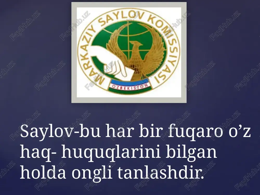 ufayli saylov jarayonlari talab darajasiga javob beradi. zero, qonunga va jamiyatga qarshi chiqib bo’lmaydi ; unga asos ham yo’q. saylov uchastkalari, qoida tariqasida kamida 20 nafar va ko’pi bilan 3000 nafar saylovchidan iborat etib tuziladi. bux.du.tabiiy fanlar fakulteti 2-2bio14-guruh talabasi hamidova nigoraning huquqshunoslik va konstitutsiyani o’rganish fanidan mustaqil ishi. buxoro-2015 y. e’tiboringiz uchun raxmat. www.nigor@.uz. image2.jpg image3.jpg image4.jpg image5.jpg image6.jpg image7.jpg image8.jpg image9.jpg image10.jpg image11.jpg image12.jpg image13.jpg image14.jpg image15.jpg image16.jpg image17.jpg image18.jpg image19.jpg image20.jpg image21.jpg image22.jpg image23.jpg image24.jpg image25.jpg image26.jpg image27.jpg ©) “ig we kx 90.39% a 28h o’zbekiston respublikasi madhiyasi yzaenst8 esr suns oss 27.03.2015 (1) /docprops/thumbnail.jpeg o'zbekiston resspublikasi prezidenti la karimov