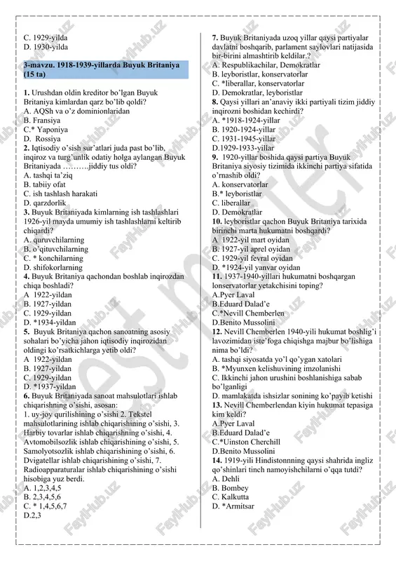 torini yaratdi. a. nyu-york b. *chikago c. nyu-meksiko d. vashinton 5. birinchi atom bombasi qayerda portlatildi? a. nagasakida b. xrosimada c. *nyu-meksikoda d. yaponiyada 6. tarixda ilk bor harakatlanuvchi tasvirni elektron-nurli trubka yordamida masofaga uzatishni kimlar amalga oshirdi? a. enriko fermi, boris grabovskiy b. ivan belyanskiy, frederik jolio-kyuri c frederik jolio-kyuri, enriko fermi d.* boris grabovskiy, ivan belyanskiy 7. tarixda ilk bor harakatlanuvchi tasvirni elektron-nurli trubka yordamida masofaga uzatishni olimlar qayerda amalga oshirdi? a. nyu-york b. *toshkent c. nyu-meksiko d. vashinton 8. tarixda ilk bor harakatlanuvchi tasvirni elektron-nurli trubka yordamida masofaga uzatish nechanchi yilda amalga oshirildi? a. 1927-yilda b. * 1928-yilda c. 1929-yilda d. 1930-yilda 9. mutaxassislar qaysi filmni birinchi ovozli kino deb tan olishgan? a. * “jaz kuychisi” b. “ merlin marlo” c. “ qora shahzoda” d. “ xonadon” 10. birnchi ovozli film qachon namoyish etilgan? a. *1927-yilda b. 1928-yilda c. 1929-yilda d. 1930-yilda 11. birnchi ovozli film qayerda …