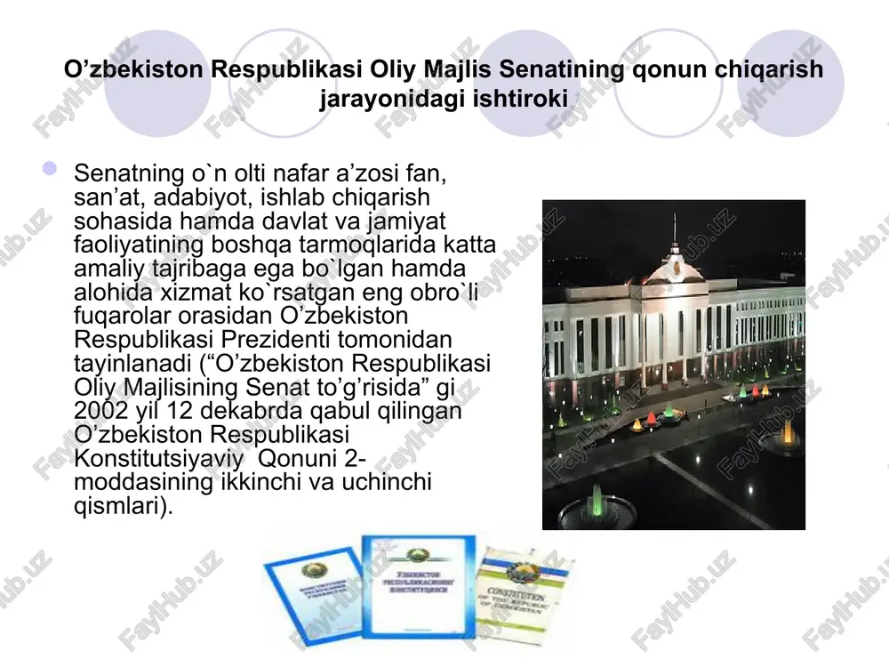 borish yo’li bilan amalga oshadi. o’zbekiston respublikasi konstitutsiyasining 83-moddasiga muvofiq qonunchilik tashabbusi huquqining sakkiz subyektidan (o’zbekiston respublikasi prezidenti, o’zbekiston respublikasi vazirlar mahkamasi, oliy majlis qonunchilik palatasi deputatlari, o’z davlat hokimiyatining oliy vakillik organi orqali qoraqalpog’iston respublikasi, konstitutsiyaviy sud, oliy sud, oliy xo’jalik sud, bosh prokuror) biri tomonidan qonun loyihasi dastavval oliy majlisning qonunchilik palatasiga kiritiladi. senat tomonidan kelishuv komissiyasi tuzish tashabbusi bilan chiqish tartibi agar qonunchilik palatasi tomonidan qabul qilinib, maqullash uchun senatga yuborilgan qonunni parlamentning yuqori palatasi kelishuv komissiyasi tuzish orqali uni ishlab maromiga yetkazish sharti bilan rad qilgan bo’lsa, bunday kezlarda qonun senatning mas’ul qo’mitasi taklifi bilan quyi palataga qaytariladi. shundan keyin kelishuv komissiyasiga tuzish tartib-taomillari boshlanadi. hozirgi vaqtda o’zbekiston respublikasi oliy majlisning tarkibida qo’yidagi doimiy qo’mitalar va komissiyalar tuzilgan: . byudjet, bank va moliya masalalari qo’mitasi; 2. qonunchilik va sud-huquq masalalari qo’mitasi; 3. xalqaro ishlar va partlamentlararo aloqalar qo’mitasi; 4. agrar, suv xo’jaligi masalalari va oziq-ovqat qo’mitasi; …