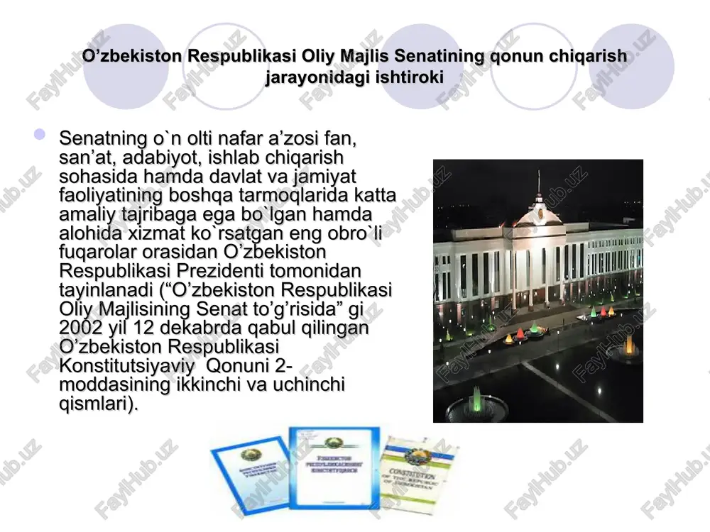 o’zgartirish; o’zbekiston respublikasi vazirlar mahkamasining taqdimiga binoan o’zbekiston respublikasining davlat byudjetini qabul qilish; davlat mukofotlari va unvonlarini ta’sis etish; o’zbekiston respublikasi prezidentining vazirliklar, davlat qo’mitalari va boshqa davlat boshqaruv organlarini tuzish hamda tugatish to’g’risidagi farmonlarni tasdiqlash; o’zbekiston respublikasi markaziy saylov komissiyasini tuzish; o’zbekiston respublikasi oliy majlisining senati va qonunchilik palatasining birgalikdagi vakolatlari quyidagilardan iborat: o’zbekiston respublikasi hisob palatasining hisobotini ko’rib chiqish; o’zbekiston respublikasi prezidentining o’zbekiston respublikasiga hujum qilinganda yoki tajovuzdan bir-birini mudofaa qilish yuzasidan tuzilgan shartnoma majburiyatlarini bajarish zaruriyati tug’ilganda urush holati e’lon qilish to’g’risidagi farmonini tasdiqlash; o’zbekiston respublikasi prezidentining umumiy yoki qisman safarbarlik e’lon qilish, favqulotda holat joriy etish, uning amal qilishini uzaytirish yoki tugatish to’g’risidagi farmonlarini tasdiqlash; o’zbekiston respublikasining xalqaro shartnomalarini ratifikatsiya va denonsatsiya qilish to’g’risida qaror qabul qilish; ma’lumki, qonun loyihasining qonun darajasida shakllanish yo’li ancha murakkab bo’lib, loyiha qonunchilik tashabbusi huquqiga ega bo’lgan quyidagi subyektlarnining biri tomonidan parlament quyi palatasiga kiritilgan; o’zbekiston respublikasi oliy majlisining senati …