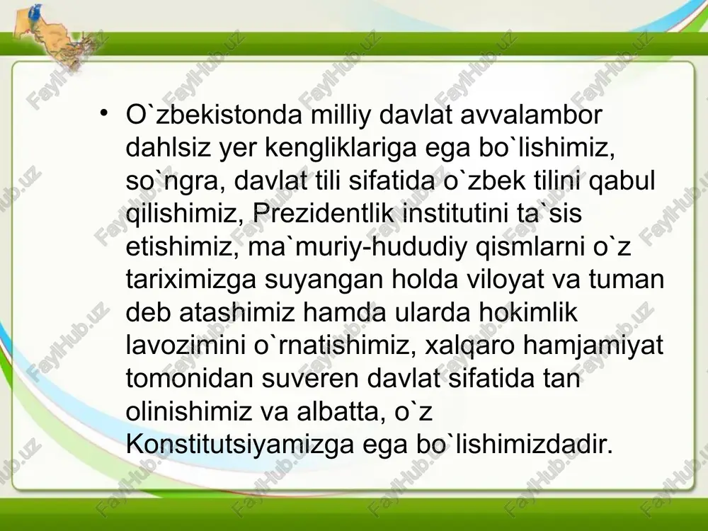 `ra ayrim aholi punktlarida aholi sonining kamayishi, ijtimoiy-iqtisodiy markazlarning ko`chirilishi yoki tugatilishi natijasida shaharlar viloyat darajasidan tuman darajasiga tushib qolishi ehtimoli yo`q emas. davlat chegarasini belgilash, o`zgartirish, himoya qilish va qo`riqlash umumsiyosiy masalalar toifasiga kirib, o`zbekiston respublikasi markaziy davlat organlari tomonidan belgilangan normalarda va tartiblarda amalga oshiriladi.