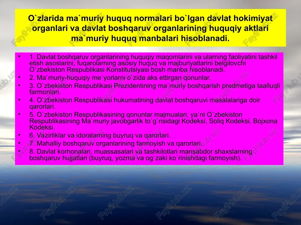 bilan bajarilishini ta`minlash imkonini beradigan davlat-hokimiyat vakolatlarining borligidir: ular bilan belgilangan tartibda harakat qiladilar va yagona tizimni tashkil etadilar; ular ijtimoiy mohiyati, maqsad, vazifalar, funksiyalari jihatidan o`zaro aloqada va bir-biriga bog`langandir. davlat boshqaruvi organlari yagona tizimni tashkil etadilar. u respublika miqyosida xo`jalikka, ijtimoiy-madaniy va ma`muriy-siyosiy qurilishga kundalik har tomonlama rahbarlik qilishni ta`minlash zarurligidan kelib chiqadi. davlat boshqaruv organlari tuzilishi umumrespublika, markaziy va mahalliy organlarni qamrab oladi. 1. umumrespublika organlari: - o`zbekiston respublikasi vazirlar mahkamasi. uning tarkibi o`zbekiston respublikasi prezidenti tomonidan shakllantiriladi. vazirlar mahkamasi o`z huquq doirasida o`zbekiston respublikasini boshqarishga tegishli barsha masalalarni hal etishga vakolatlidir; - qoraqalpog`iston respublikasi vazirlar kengashi. u qoraqalpog`iston respublikasi jo`qorg`i kengesi tomonidan tuziladi. u o`z huquq doirasida qoraqalpog`iston respublikasiga tegishli masalalarni hal etish uchun vakolatlidir markaziy boshqaruv organlari: - o`zbekiston respublikasi vazirliklari; - qoraqalpog`iston respublikasi vazirliklari; - davlat qo`mitalari. mahalliy boshqaruv organlari: - hokimlar; -joylarda xo`jalik, ijtimoiy-madaniy va ma`muriy-siyosiy qurilishning ayrim tarmoqlarini boshqarish uchun hokimlar tomonidan …