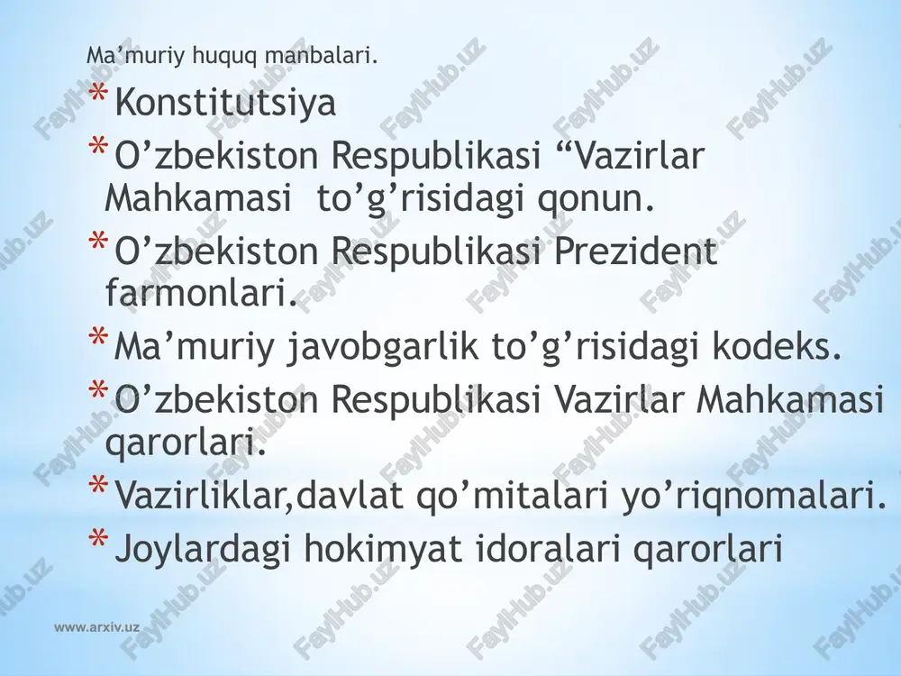 s (8-modda). ma'muriy qamoq — ma'muriy huquqbuzarlikning ayrim turlari uchun 3 sutkadan 15 sutkagacha bo’lgan muddatga qo’llaniladi. www.arxiv.uz e’tiboringiz uchun rahmat! www.arxiv.uz /docprops/thumbnail.jpeg ma’muriy huquq reja: *1.ma’muriy huguq tushunchasi va uning ‘man’balari. *2.ma'muriy huquq va ma'muriy jazo. *3, ma'muriy jazo va uning turtari.
