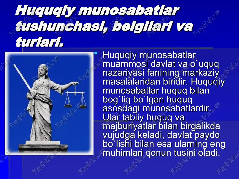y tartibga solish asosan 2 — usulga bo‘linadi: 1) hokimiyat buyruq usuli yoki avtoritar usuli, 2) dispozitiv yoki avtonomiya usuli. avtoritar usulda — huquqiy munosabatlarda ishtirok etuvchi taraflardan biri davlat bo‘lib u subyektning va burchlarini paydo bo‘lishligini aniq belgilaydi. u hokimiyat huquqiga ega bo‘lib, «qattiq» tartib o‘rnatiladi. bu usul ma’muriy, jinoiy va konstitutsiyaviy huquq, soqalarida ijtimoiy munosabatlarni tartibga solishda keng qo‘llaniladi. huquq tizimi va huquqshunoslik fanlar tizimi huquq tizimini yuqorida ko‘rib o‘tdik. huquq tizimida qonunlar va huquqshunoslik fanlar tizimi asos qilib olinsada, lekin ular o‘rtasida farqu bor. qonunlar yoki normativ hujjatlarni tizimi ya’ni tartibga solib nashr etish quyidagi ikki xil usullar bilan amalga oshiriladi. inkorporatsiya va kodifikatsiya. huquqshunoslik fanlar tizimi huquq tizimidan keng bo‘lib ko‘pgina huquqshunoslik fanlarining nomi tizimiga to‘g‘ri keladi. masalan, jinoyat huquqi, fuqarolik xuquki, jinoyat protsessual huquqi va boshqalar. aksincha shunday huquqshunoslik fanlar borki, ular huquq tizimiga to‘g‘ri kelmaydi. masalan, davlat va huquq nazariyasi, davlat va huquq tarixi …