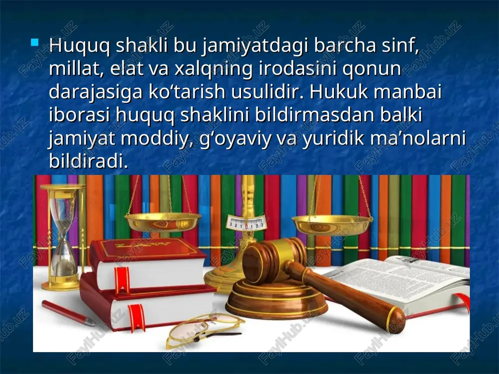ar va tashkilotlardan olinadigan soliqlar, tashqi iqtisodiy faoliyat, chet el investitsiyalari, valyutani tartibga solish to‘g‘risidagi va boshqa qonunlar. bu qonunlar nazariya va hayot bilan bog‘liq bo‘lib, kishilar o‘rtasida turli ijtimoiy munosabatlarni tartibga soladi. qonunni bajarish bozor iqtisodiy munosabatlariga o‘tishning barcha amal qiladigan qoidalaridan biridir. o‘zbekiston respublikasining konstitutsiyasiga asosan davlat organlarini normativ huquqiy aktlar qabul qilish tartibi quyidagicha belgilangan: 1. o‘zbekiston respublikasining oliy majlisi davlat vakillik organi bo‘lib, qonun chiqaruvchi hokimiyatni amalga oshiradi. u qonunlar va qarorlar qabul qiladi; 2. o‘zbekiston respublikasi oliy majlisining raisi farmoyishlar chiqaradi; 3. o‘zbekiston respublikasi prezidenti davlat va ijro etuvchi hokimiyat boshlig‘i bo‘lib, normativ xarakterdagi farmonlar, qarorlar va farmoyishlar chiqaradi; 4. o‘zbekiston respublikasi vazirlar mahkamasi hukumati qarorlar va farmoyishlar chiqaradi; 5. o‘zbekiston respublikasining turli vazirliklari, davlat qo‘mitalari va muassasalari — buyruqlar, qo‘llanmalar, yo‘riqnomalar va nizomlar qabul qiladi, 6. viloyat, tuman va shahar hokimlari qarorlar chiqaradi. 7. mahalliy davlat hokimiyat organlari joylardagi viloyatlar, tumanlar va shaharlardagi xalq …