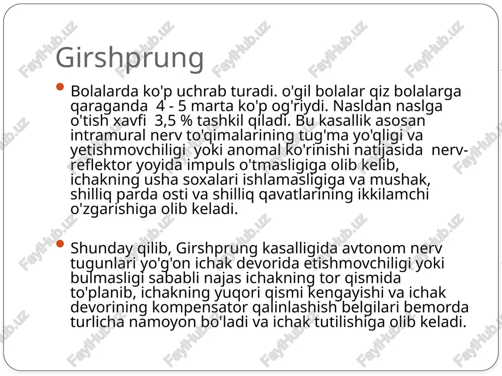 ketishga sabab buladi. (borisov a. b., 1961, bairov ga., 1962). a.b.babayan va g. p. sosnin (1967) fikriga karaganda divertikuldagi yalliglanish, korin pardaga tarkalib ikkilamchi utkir appenditsitni paydo kilishi mumkin. operatsiyagacha bulgan davrda divertikulit tashxisini aniklash kiyin bulib, bu kasallik (divertikul, chuvalchangsimon usimtaga anatomik jixatdan yakin joylashganligi sababli) kupincha utkir appenditsit kasalligining klinikasini eslatadi. divertikulit utkir boshlanib, korin soxasining xamma kismida ogrik paydo buladi, tana xarorati kutariladi, bemor kusa boshlaydi. paypaslab kurilganda korin soxasining xamma kismi, kindik ung yonbosh soxasi va korinning pastki kismlarida ogrik seziladi. korin parda yalliglanishi belgilari xam anik, bir chegaraga ega emas. bemorning tomir urishi tezlashadi konda leykotsitlar mikdori kupayadi. kuzatuvlar shuni kursatadiki 50% bemor kasalxonaga, peritonit, ya'ni korinparda yalliglanishi tashxisi bilan yotkiziladi. divertikulitni utkir appenditsitdan farklash kiyin. bunday xollarda volkovich-dyakonov usuli bilan kesma kilinsa, divertikulni xam chuvalchangsimon usimtani xam olib tashlash mumkin. agar korin bushligi ochilib chuvalchangsimon usimtada uzgarish kurinmasa, divertikulitni aniklash uchun yonbosh ichakning terminal …
