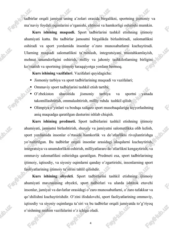 yo’nalishlarni belgilash, iqtidorli sportchilarni tanlab olish (seleksiya) jarayoniga innovatsion shakllar va usullarni joriy etish,[footnoteref:1] [1: stolbov v.v. istoriya fizicheskoy kulturi.m. prsvesheniye ] jismoniy tarbiya va sport bilan muntazam shug’ullanayotgan aholining umumiy sonini 30 foizgacha, sport tashkilot va muassasalarida shug’ullanayotgan yoshlarning umumiy sonini 20 foizgacha oshirish; davlat sport ta’limi muassasalarida trener va mutaxassislarning sifat tarkibi, xususan oliy ma’lumotli xodimlar sonini bosqichma-bosqich 80 foizgacha etkazish; joylarda yoshlar orasidan iqtidorli sportchilarni tanlab olish (seleksiya)ning samarali va shaffof to’rt bosqichli – tashkilot-tuman (shahar)-hudud-respublika tizimini ishlab chiqish va joriy etish; o’zbekiston respublikasi jismoniy tarbiya va sport vazirligi tizimidagi sport maktablari o’quvchi-sportchilari o’rtasida «bolalar sport o’yinlari»ni o’tkazish orqali iqtidorli sportchilarni aniqlash va yoshlar terma jamoalariga zaxira yaratish hamda oliy ta’lim muassasalari talabalari o’rtasida «talabalar sport o’yinlari»ni tashkil etish natijasida talabalarni sport bilan muntazam shug’ullanishga jalb etish; aholining keng qatlamlari, jumladan umumta’lim maktabi o’quvchilari, professional va oliy ta’lim muassasalari o’quvchi va talabalari o’rtasida jismoniy tarbiyani ommalashtirish, ular …