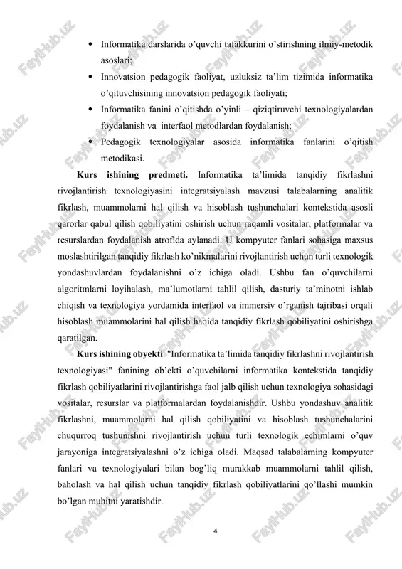 qa muddatda ta’sirini o’tkazishi bilan farq qiladi. endi tanqidiy tafakkurni rivojlantirish texnologiyasi hususida fikr mulohazalar yuritsak. tanqidiy tafakkurni rivojlantirish texnologiyasi xx asrning 90-yillarida amerikalik psixologlar d.stil, k.meredit va ch templlar tomonidan taklif etilib, “tanqidiy tafakkur” atamasi axborotlar bilan samarali ishlashga imkon beradigan shaxsning aqliy xususiyati va kommunikativ fazilatlar tizimi tushuniladi tanqidiy tafakkurni rivojlantirish texnologiyalarining maqsadi o’quvchilarda o’quv jarayonida va kundalik turmushda ham zarur aqliy qobiliyatlarni rivojlantirishdir. shuningdek shaxsiy qarorlarni qabul qilish uchun axborotlarni yig’ish, ular ustida ishlash, axborot va hodisalarni turli tomondan (yaxshi-yomon, foydali-zarari, ijobiy-salbiy, to’g’ri-noto’g’ri va h.k.) tahlil qilishdir. tanqidiy tafakkurning rivojlanishi natijasida o’quvchilar kundalik turmushda ro’y beradigan voqea-hodisalarni ham har tomonlama ijobiy va salbiy, foydali va zararli tomondan tahlil qila oladilar. amerikalik olim j.dyuining fikricha: «o’quvchilar muayyan muammoni yechish bilan shug’ullana boshlasalargina, ularda tanqidiy fikrlash paydo bo’ladi. shu sababli, o’quv jarayonining boshlang’ich nuqtasida mavzuga mos qandaydir muammoni vujudga keltirish, muammoli topshiriq yoki savollar berish kerak bo’lib, o’quvchining faqatgina …
