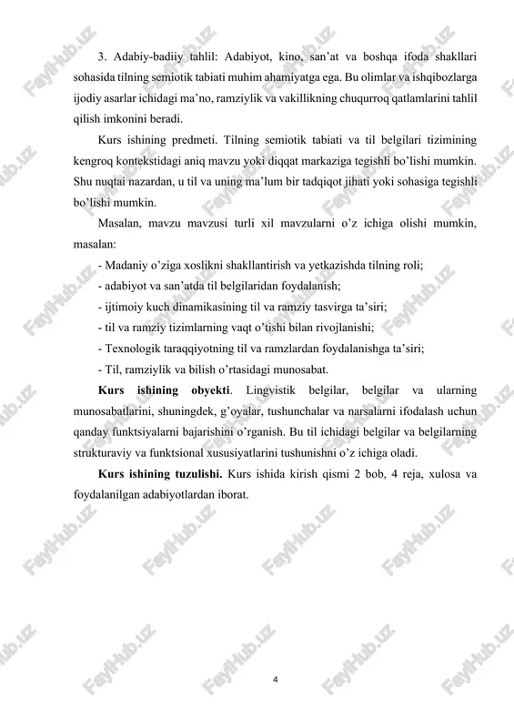 ri faqat predmetni ko’rsatmaydi, balki ma’noning o’zini ko’rsatadi; 2) belgi shartli, ixtiyoriy, mazmuni esa shartli emas, u haqiqatni aks ettirishda aniqlanadi; 3)ma’no bilim fakti, miyada saqlanadi, belgi hamma vaqt undan tashqaridadir, deb ko’rsatadi. m.n.steblin-kamenskiy esa ma’noning mavjudligi til uchungina emas, balki har qanday belgilar tizimi uchun ham, har qanday metatil (metayazik) uchun ham xarakterli ekanligini ko’rsatadi. uning bu fikriga amal qilinsa, shaklni birinchi, mazmunni esa ikkinchi planga qo’yishga to’g’ri keladi sigmatik aspektda belgi predmet bilan aloqada bo’ladi. sintaktik aspektda belgining boshqa belgi bilan aloqasidan qat’i nazar predmetning ma’no va funksiyasi bilan aloqada bo’ladi. semantik aspektda belgi interpretatsiyasi (o’tkazuvchi) va uning fikr ifodalash vositalari birga qo’shib olib boriladi. pragmatik aspektda inson va ishoraning o’zaro munosabatidan foydalaniladi. belgining lisoniy va nolisoniy xususiyatlari. belgi tizimi haqida fikr yuritganda uning lisoniy va nolisoniy belgilarini farqlash lozim. til belgisida tilning predmetga bo’lgan munosabati haqida fikr yuritiladi. til belgisi - kommunikativ va informativ belgilar tildagi so’zlar …