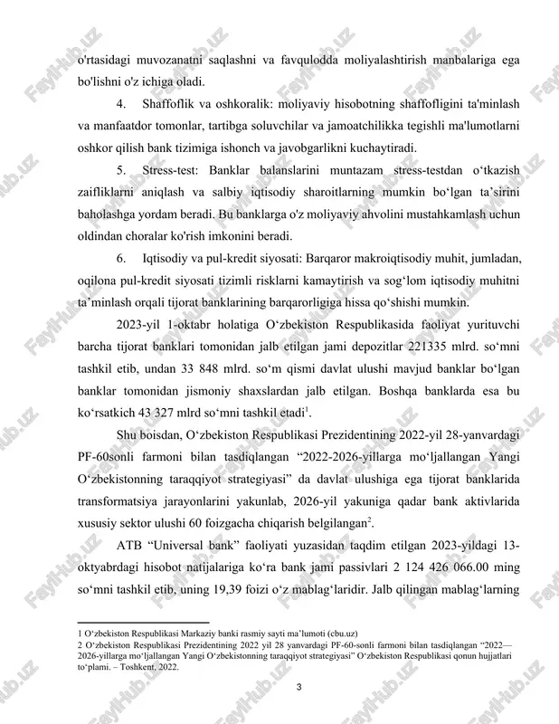 bank faoliyati” to’g’risidagi”, prezident farmonlari va boshqa qonunlar xisoblanadi. hozirgi kunda o'zbekistonda 30 dan ortiq tijorat banklari faoliyat ko'rsatmoqda. salmoqli ustav fondi, kredit resurslar va mijozlarga ega bo'lgan katta banklar o'zbekiston sanoat qurilish banki, tashqi iqtisodiy aloqalar milliy banki, asakabank va boshqalar keng faoliyat olib bormoqda. tijorat banklarini tashkil qilishdagi ustav kapitali miqdori 1 yanvar 2011 yildan 10 mln. evro ekvivalenti miqdoridagi mablag'ga ega bo'lishi lozim. tijorat banklarining belgilariga qarab quyidagi turlarga bo'lish mumkin: - davlat banki, - aktsioner banklarga - kooperativ, - xususiy, - mintaqaviy, -aralash mulkchilikka asoslangan bankka bo'linadi. yuksak rivojlangan mamlakatlarda tijorat banklarning aksariyat qismi mulk shakli bo'yicha aktsioner bank hisoblanadi. ba'zi tijorat banklari paylar (badallar) hisobidan tashkil qilinishi mumkin. bu turdagi banklarning qatnashchilari ham huquqiy va jismoniy shaxslar bo'lishi mumkin. hususiy banklar - jismoniy shaxsning pul mablag'lari hisobidan tashkil qilingan banklar hisoblanadi. bajaradigan operatsiyalaiga qarab tijorat banklar- - universal - mahsus banklarga bo'linadi. joylashgan belgisiga qarab …