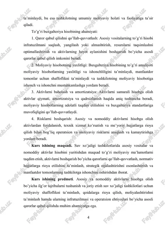 hsulot ishlab chiqarishda bevosita qatnashadigan mehnat qurollari hamda shu ishlab chiqarishda bevosita qatnashmaydigan, lekin uning uchun ma’lum sharoitlar yaratib, uni tashkil qilishga uzoq muddat xizmat qiladigan mulklarga aytiladi. ularga imoratlar, inshootlar, o’zatuvchi moslamalar, mashinalar, asbob-uskunalar, transport vositalari, uy-joy binolari, xo’jalik inventarlari va hokazolar kiradi va uzoq muddatli aktivlar hisoblanadi. asosiy vositalar tushunchasi. uzoq muddatli aktivlar – asosiy vositalar va nomoddiy aktivlar bo’lib: a) bir yildan ko’proq foydali xizmat qilish muddatiga ega bo’ladi; b) ishlab chiqarish, ma’muriy maqsadlar uchun foydalaniladi yoki ijaraga beriladi; v) sotish uchun mo’ljallanmaydi. uzoq muddatli aktivlar o’z navbatida quyidagilarga bo’linadi: moddiy aktivlar (asosiy vositalar); jismoniy tabiiy ko’rinishga ega bo’lgan, uzoq muddatda foydalaniladigan, aktivlar; yerlar, binolar, inshootlar, uskunalar, tabiiy resurslar va shunga o’xshashlar. moddiy aktivlar ham o’z navbatida uchta guruhga bo’linadi: · amortizatsiya qilinishga tegishli bo’lgan moddiy aktivlar, masalan, binolar, inshootlar, uskunalar, mebellar, qurilmalar; · emirilishga tegishli bo’lmaganlari, masalan foydali qazilmalar, o’rmon boyliklari va shunga o’xshashlar; · amortizatsiya …