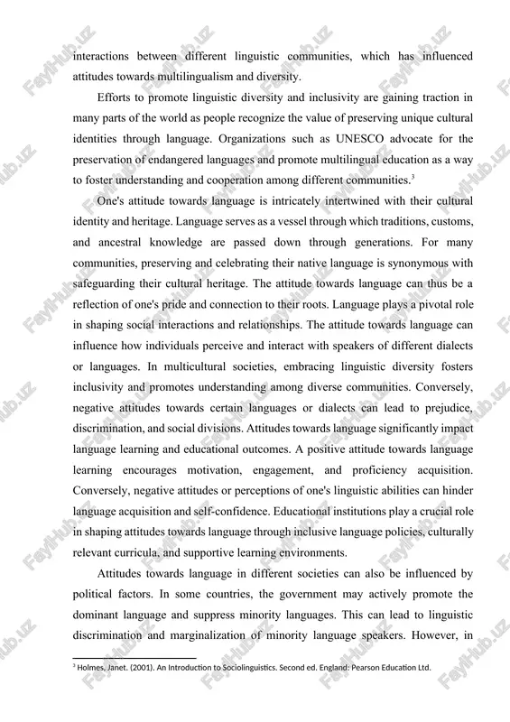 dada. (2011). sikap bahasa siswa smp di eks-karesidenan semarang terhadap bahasa jawa.] it’s important to recognize that attitudes towards language are not static but are constantly evolving. globalization and increased connectivity have led to more interactions between different linguistic communities, which has influenced attitudes towards multilingualism and diversity. efforts to promote linguistic diversity and inclusivity are gaining traction in many parts of the world as people recognize the value of preserving unique cultural identities through language. organizations such as unesco advocate for the preservation of endangered languages and promote multilingual education as a way to foster understanding and cooperation among different communities.[footnoteref:3] [3: holmes, janet. (2001). an introduction to sociolinguistics. second ed. england: pearson education ltd.] one's attitude towards language is intricately intertwined with their cultural identity and heritage. language serves as a vessel through which traditions, customs, and ancestral knowledge are passed down through generations. for many communities, preserving …