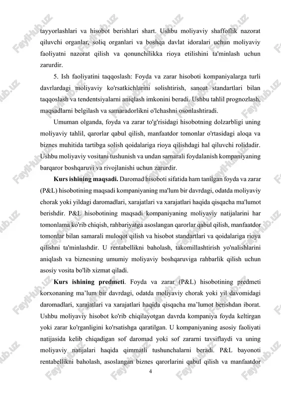 elajakda qancha foyda keltirishi mumkinligini rejalashtirishlari mumkin. foyda va zararlar to`g`risidagi hisobot davrining boshiga va oxiriga bo`lgan balanslar o`rtasidagi bog`lovchi bo`g`in vazifasini bajaradi. bu ushbu hisobotni naqadar investorlar uchun foydali ekanligini ko`rsatib beradi. foyda va zararlar to`g`risidagi hisobotni tuzishda avvalambor uning asosiy elementi hisoblangan daromad va xarajatni tan olish masalasi turadi. qayd etish kerakki, bank daromadi va xarajatlarini tan olishdan maqsad ularning moliyaviy hisobotda to`g`ri aks ettirilishi va yakuniy moliyaviy natijani to`g`ri aks ettirishdir. bilamizki, tijorat banklari o`z faoliyatini olib borishdan maqsad foyda olishdir, uning manbalarini ko`paytirish yo`llarini qonunga zid bo`lmagan ravishda o`zlari mustaqil belgilaydilar. daromad-bu hisobot davrida pul mablag`larining oqib kelishi yoki aktivlarning ko`payishi sifatida yoki kapital egalarining badali bilan bog`liq bo`lmagan holda kapitalning ko`payishiga olib keladigan majburiyatlarning kamayishi sifatida iqtisodiy nafning o`sishidir. “tijorat banklari hisobvaraqlar rejasi”ning 4-qismi daromadlar uchun ajratilgandir. tijorat banklari o`z mijozlari-yuridik va jismoniy shaxslarning topshirig`iga asosan hisob-kitob, kassa, kredit berish va boshqa operatsiyalarni bajaradi. banklar …