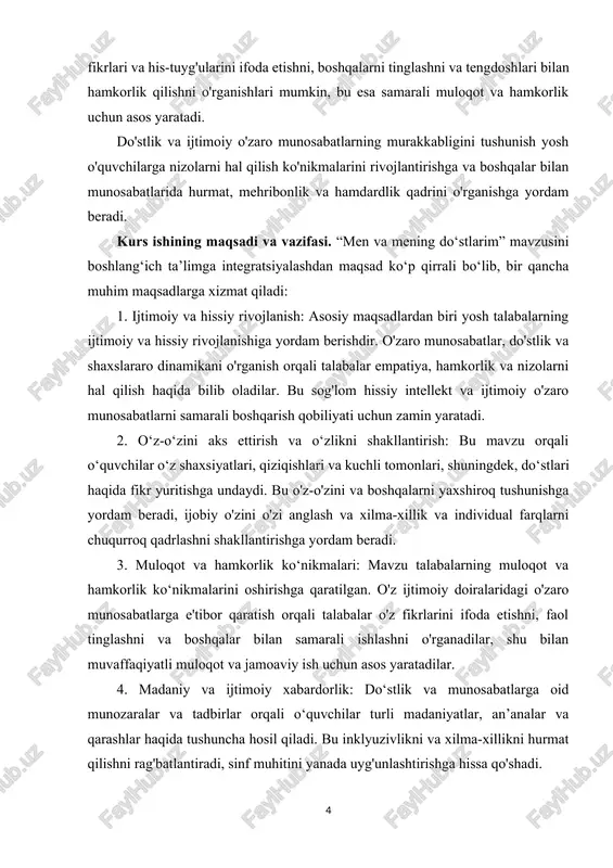 tomonlama rivojlanishini rag'batlantirishga qaratilgan. ushbu mavzuning asosi boshlang'ich sinf o'quvchilari hayotida ijtimoiy o'zaro munosabatlar, munosabatlar va o'z-o'zini anglashning ahamiyatini anglashdan iborat. bu bolaning o'z his-tuyg'ularini tushunish va boshqarish, ijobiy munosabatlar o'rnatish va tengdoshlari bilan samarali muloqot qilish qobiliyati nafaqat akademik muvaffaqiyatga, balki shaxsiy farovonlikka ham hissa qo'shadigan muhim ko'nikmalar ekanligini e'tirof etadi. umuman olganda, fanning asosi bolaning ta'limi va farovonligida ijtimoiy va hissiy rivojlanishning markaziy rolini tan olishdan iborat bo'lib, maqsadlar esa boshlang'ich sinf o'quvchilarida muhim hayotiy ko'nikmalar, hissiy aql va ijobiy ijtimoiy xatti-harakatlarni rivojlantirishga qaratilgan. kurs ishining tuzulishi. ushbu kurs ishida kirish qismi, 2 bob, 4 reja, xulosa va foydalanilgan adabiyotlardan iborat. i bob. boshlang’ich sinf o’quvchilarini o’rtoqlik va do’stlik ruhida tarbiyalashda ‘’tarbiya‘’ darsining o’rni. 1.1 boshlang’ich sinf ‘’tarbiya’’ darslarini tashkil etishning usul va vositalari. yurtimizda amalga oshirilayotgan ko’plab islohotlarning asosiy mazmunmohiyatida, olib borilayotgan chora-tadbirlarning, keng ko’lamli ishlarning tub zamirida, albatta, “inson omili” yotadi. yurtboshimiz sh.mirziyoyevning tashabbuslari bilan mamlakatimiz …