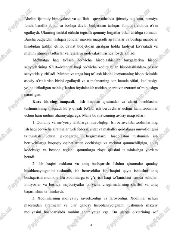 ilmoqda, xususan inson mehnat qilar ekan, uning mehnati hisobini to’g’ri tashkil etish va yuritish, to’lovlarni hamda ajratmalarni o’z vaqtida olib borishni taqozo etadi. hozirgi paytda ish haqini tashkil qilishni qayta qurishning muhim xususiyatlari quyidagilardan iborat: 1) xodimlarning juda keng bo’lgan doirasiga tegishliligi; 2) birinchi marta ish haqini tashkil qilishning barcha qismlarini, ya’ni ta’rif tartibi, haq to’lash shakllari va mukofotlash tartibi, mehnatni muvofiqlashtirish, qo’shimcha haq to’lash mexanizmi, mehnatga haq to’lash fondlarini hosil qilish va foydalanish kabi elementlar kompleksini o’z ichiga oladi; 3) mehnat jamoasining roli, ayniqsa, oshiriladi, mehnatning umumiy natijasiga har bir xizmatchi hissasini baholash hamda unga haq to’lash va mukofotlash miqdorlarini aniqlash bilan bog’liq bo’lgan masalalarni echishdagi ko’pchilik to’siqlar bartaraf qilinadi; mehnat va ish haqiga tegishli reja topshiriqlarini hisobga olish va nazorat qilishda buxgalteriya hisobi muhim rol o’ynaydi. chunki uning yordamida xo’jalik yurituvchi sub’ektning barcha bo’limlarida mehnat ko’rsatkichlarining bajarilishi va uning o’zgarishi haqida iqtisodiy asoslangan axborotlar yaratiladi. mehnatkashlarning mehnat unumdorligini …