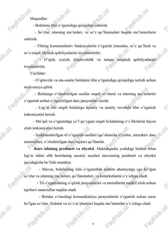 nutqining taraqqiyoti uning atrofidagi odamlar nutqiga, tevarak-atrofdagi narsa-buyumlarni, ijtimoiy hayot hodisalarini kuzatishiga bog’liq bo’ladi. yuqoridagi fikrlardan bizga ma’lumki (ilk yoshdagi bolalar nutqining rivojlanish xususiyatlari mavzusida bayon etilgan fikrlar), yangi tug’ilgan chaqaloqlar vig’lash orqali tashqi va ichki muhitdan keladigan signallarga (ochlik, tashnalik, sovuq, biror joyning og’rishi yoki issiqlash va hoka- zolarga) javob beradi. bola 2 — 3 oylik bo’lganda katta kishilar- 68 ning gaplariga, tevarak-atrofdagi g’ala-g’ovurlarga diqqat bilan quloq soladi, rangli narsalarga qaraydi va ularga nisbatan tovush chiqara boshlaydi. bu esa 2 — 3 oylik bolaning rivojlanishiga xos bo’lgan so’zni ifodalaydi, ya’ni katta kishilar bilan aloqa qilish istagi vujudga kelganligidan dalolat beradi. bola 5 — 6 oylik bo’l- ganda yengil talaffuz etiladigan tovushlarni birlashtirib, so’z chiqaradigan bo’ladi, 8 — 9 oyligida aytilgan buyumlarni ko’zi bilan qidirib, uni topadi va qo’li bilan ko’rsatadi yoki olib keladi. bola bir yoshga to’lay deb qolganda o’nga yaqin so’zni talaffuz eta oladi. bolalarning yoshi o’sgan sari …