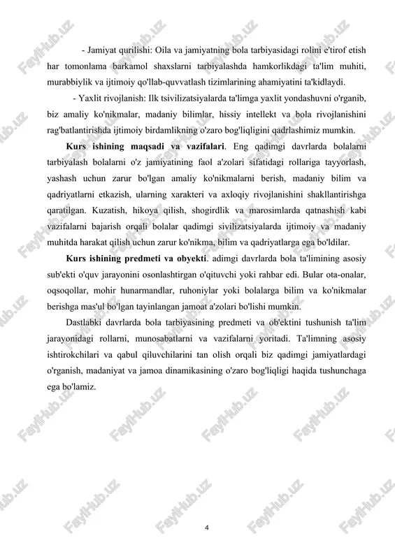 rlilik, insonparvarlik kabi xislatlar yagona xudo-axuramazda timsolida ko’rsatilgan. insonning qadri yaxshilikning g’alabasi uchun kurashda befarq turmasligida, yashash tarzida, ma’naviy qiyofasida va ijtimoiy faoliyatida o’z ifodasini topgan. avestoda yurtimiz zaminida yashagan xalqlarning islomgacha bo’lgan davrdagi tabiiy-ilmiy, ayniqsa, axloqiy qadriyatlarining rivojlanishi tarixiga oid g’oyat qiziqarli ma’lumotlar bor. 36 eng qadimgi yozma manbalarda ta’lim-tarbiya masalalarining yoritilishi. turkiy xalqlarning yozma ma’rifiy yodgorliklari o’ziga xos xususiyatga ega bo’lib, ular yangi davr kishisini tarbiyalashda muhim ahamiyat kasb etadi. bular «o’rxun-enisey yodgorliklari», «irq yozuvlari» («ta’birnoma») kabilardir. eng qadimgi turkiy tilda yaratilgan va turk-rumiy yozuvida bitilgan o’rxun-enisey bitiklari 6-7 asrlarda yozib qoldirilgan bo’lib, ular ta’lim-tarbiyaga oid qimmatli ma’lumotlar beradi. toshga o’yib yozilgan o’rxun-enisey yodgorliiklari dastlab enisey havzasida, so’ngra, mug’ulistonning o’rxun daryosi bo’yida topilib, daniyalik olim vilgel’m tomson 1893 yilda bu yozuvlarni birinchi bo’lib o’qigan. undan so’ng yana bir qancha olimlar ushbu yozma yodgorliklarni o’rganish yuzasidan ilmiy-tadqiqotlar olib bordilar. o’zbekistonda oybek, o.sharaffuddinov, n.mallaev, a.qayumov, n.raxmonovlar tadqiqot ishlari olib bordilar …