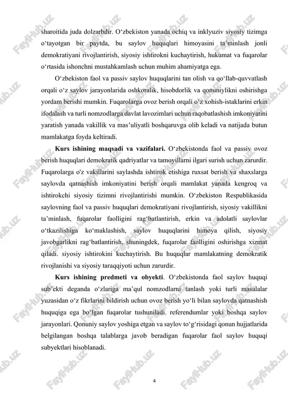 a ega bo’lgan rahbarlarni, shu jumladan, hayotimiz - kelajagimizni ishonib topshirgan noib-deputatlarni saylab olishimizga bog’liqdir», - deb ta’kidlagan edi. odatda, davlat hokimiyati organlari ikki uslubda: saylash va tayinlash yo’li bilan shakllantiriladi. umume’tirof etilgan tamoyillarga muvofiq, ijro etuvchi hokimiyat va sudlov hokimiyati organlarining shakllantirilishi saylanadigan organlar tomonidan amalga oshiriladi. shu asosda, saylovlar davlat hokimiyati organlarining butun tuzilmasiga oliy boshlang’ich legitimlikni ta’minlaydi. davlatimizda bevosita saylov usuli bilan davlat boshlig’i - o’zbekiston respublikasi prezidenti hamda oliy majlisning quyi - qonunchilik palatasi deputatlari saylanadilar. shuningdek, saylash uslubi bilan qoraqalpog’iston jo’qorg’i kengesi va mahalliy davlat hokimiyati vakillik organlari shakllantiriladi. saylovlar referendum kabi xalq irodasi to’g’ridan-to’g’ri namoyon etilishining qonunlashtirilgan shaklini bildiradi. boshqacha qilib aytganda, fuqarolar davlat hokimiyati organlarining shakllanishiga ta’sir ko’rsatadilar va shu tufayli ularning davlat ishlarini boshqarishda ishtirok etish huquqlari amalga oshadi. shuningdek, demokratik saylovlar - hokimiyat to’g’risidagi masalani kuch bilan hal etilishining aksidir. «demokratiya sharoitlarida esa, davlat ijtimoiy qarama-qarshiliklarni zo’rlik va bostirish yo’li bilan …
