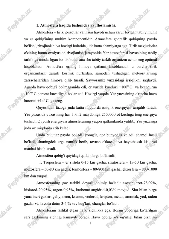 emiriladi. atmosfera havosining ifloslanishida qishloq xo'jalik ishlab chiqarishining ham hissasi bor, bunda parrandachilik va chorvachilik komplekslari, go'sht kombinatlari, kimyoviy o'g'itlar, zararli ximikatlar ko'proq ta'sir etadi. bulardan tashqari kanalizatsiya shaxobchalaridan, avtomobil g'ildiraklaridan, oyoq kiyimidan, oshxonalardan va boshqalardan chiqqan chang, gazlar, hidlar ham atmosferani ifloslaydi. issiqlik elektr stansiyalari atmosfera havosini ifloslantiruvchi manba sifatida. issiqlik elektr stansiyalari orqali olinadigan elektr quvvati asosan ko'mir, mazut, gaz kabi yoqilg'ilar yonishining hosilasidir. masalan, 1kvt/ soat elektr quvvati olish uchun 290-350 gr ko'mir kerak bo'ladi. tabiiyki, toshko'mirning yonishi patijasida uchuvchi chang, qurum, kul paydo bo'ladi. bu murakkab aralashmalar zaharli gazlar bilan birga atmosfera havosiga tushadi. toshko'mir tarkibidagi oltingurgut yonish jarayonida sulfidangidridlarga aylanadi, u esa o'z navbatida, havo havzasiga tushib uni ifloslantiradi. moddalar yonishidan hosil bo'lgan yuqori darajali harorat- alanga atrofida havodagi tajovuzkor azot oksidiga aylanadi. atmosfera havosida uchib chiqadigan is gazi va uglevodorodlar salmog'i yoqilg'i (ko'mir) yoqilayotgan jarayonga bog'liq bo'ladi.toshko'mir qanchalik to'la-to'kis yonsa, chiqindi moddalar shunchalik kam …