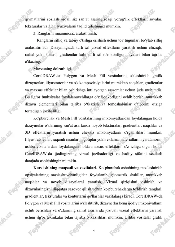 hiriladi. internetning rivojlanishi bilan esa grafik dasturlar keng qo`llanila boshlandi. kompyuter grafikasi – grafik displey ekranida tasviriy informatsiyani vizuallashtirish (“ko`rinadigan” qilish). tasvirni qog`ozda, fotoplyonka, kinolenta va boshqalarda aks ettirish usulidan farqli ravishda kompyuter grafikasida kompyuterda hosil qilingan tasvirni darhol o`chirib tashlash, unga tuzatish kiritish, istalgan yo`nalishda toraytirish yoki cho`zish, yaqinlashtirish va uzoqlashtirish, rakurenn o`zlashtirish, burish, harakatlantirish, rangini o`zgartirish va boshqa amallarni bajarish mumkin. kitoblarni bezash, rasm va chizmalarni tayyorlashda buyumlarni loyihalash va modellarini yasashda, telereklamalar yaratishda, televizion eshittirishlar “qistirmalari”ni, multfilmlar yaratishda, kinofilmlarda qiziqarli kadrlar hosil qilish va boshqa sohalarda qo`llaniladi. kompyuter grafikasi tushunchasi hozirda keng qamrovli sohalarni o`zida mujassamlashtirib, bunda oddiy grafik chizishdan to real borliqdagi turli tasvirlarni hosil qilish, ularga zeb berish, programma vositasi yordamida hatto tasvirga oid yangi loyihalarni yaratish ko`zda tutiladi. u multimedia muhitida ishlash imkoniyatini beradi. kompyuter grafikasining juda tez rivojlanib borishi va undagi texnikaviy, dasturiy vositalarining yangilanib borishi ushbu sohaning hamisha takomillashtirishga, bu sohadagi yangi …