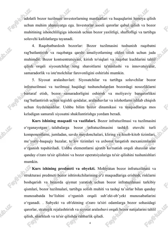 varni ma`qul narxda topa biladi, shuning uchun ham ular muhim aloqada bo`lishga intiladi. xo`sh, kim sotuvchi-yu, kim haridor? bozorning har bir ishtirokchisi, u kim bo`lishidan qati nazar (iste`molchi, fuqaro, firma, davlat), bir bozorda sotuvchi bo`lsa. boshqa bozorda haridor vazifasini o`taydi. xaridorda tovarni malum narxda sotib olish ishtiyoqi bor. sotuvchilar esa tovarlarni bozorga chiqarib ularni ma`lum narxda haridorlarga taklif etuvchilardir. xaridorlar va sotuvchilar har doim bir-birlarining hojatini chiqarib, hamkorlik qiladilar, kerakli tovariing narxini kelishib, o`zaro iqtisodiy murosaga keladilar. bu bozordagi murosa deyiladi. uy xo`jaliklari, birinchidan, oddiy iste`molchilardan (masalan,oila yoki yakka odamdan), ikkinchidan, resurs egalaridan iborat. ular haridor sifatida bozordan tovarlar va xizmatlarni olsa, sotuvchi sifatida ish kuchi, er va pul mablag`ini bozorga chiqarib sotadilar. ish kuchi mehnat bozorida, er ko`chmas mulk bozorida, pul esa moliya bozorida (bank orqali) sotiladi (bular birgalikda resurslar bozori deyiladi). uy xo`jaliklari resurs bozoriga tovar chiqarib, u erdan pul oladilar. bu pulni tovarlar bozoriga chiqarib, u erdan …