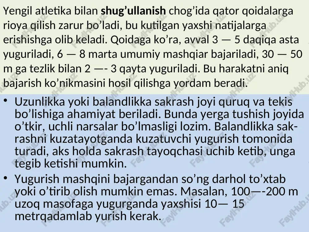 nib, u tirsakdan bukilgan bo’iadi. qo’llar musht qilinmaydi, tana bir oz oldinga egilgan bo’ladi. bel ham butunlay bukilmagan va tishlar ham bir-biriga qattiq bosilmaydi, faqat olg’a intilib, harakatlar erkin bajariladi. finishga chamasi, 10—15 metr qoiganda yuguruvchi erkin harakatini saqlagan holda oldinga qaraydi, yelkalarni to’g’ri tutib (u yoq-bu yoqqa chalg’imay), tezlikni susay-tirmay, finish chizig’ini keskin kesib o’tadi. uzoq masofaga (stayerlik) yugurish chidamlilikni o’stirish maqsadida, kollejlar uchun dasturda 500, 800, 1000 m (1 km)ga yugurish ko’zda tutiladi. bu masofaga 17 va undan kichik yoshdagi o’g’il bolalar va qizlar yugiradilar. masalan, yoshlar o’rtasida jahon rekordi 2 min 20,37 s ga (eiektron sekundomer bo’yicha) teng. bu ko’rsatkichga ingliz sportchisi xen bouksi erishgan. qizlar orasida 2 min 38,58 s (elektron sekundomerda) ingliz sportchisi jo uayt erishgan. respublikamizda 800 m masofaga yugirish bo’yicha rekord natijaga e.nurmatov (lm.52,3 sek), qizlar orasida l.kir-yuxina (2 m.04,76 sek) erishganlar. 2 — 3 km ga kross yugurish butun tanaga ijobiy ta'sir …