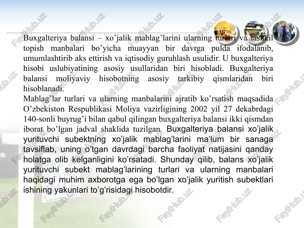 ya raqami” rekviziti – stir bo’yicha korxonaning identifikatsiya raqami ko’rsatilganligiga; j) “hudud” rekviziti – mhobt bo’yicha kod ko’rsatilganligiga; z) “manzil” rekviziti – korxonaning to’liq yuridik manzili ko’rsatilganligiga. mol-mulkning tarkibi yil boshiga yil oxiriga o’zgarishi (+,-) summa, ming so’m salmo-g’i, % summa, ming so’m salmo-g’i, % summa-dagi, ming so’m sal-moq-dagi, % yil boshiga nisbatan o’sishi, % 1 2 3 4 5 6=4-2 7=5-3 8=6\2*100 1. uzoq muddatli aktivlar 186790 25,99 203491 22,80 +16701 -3,19 +8,94 2. joriy aktivlar shu jumladan: 531756 74,01 689066 77,20 +157310 +3,19 +29,58 a) tovar-moddiy zaxiralari 470833 65,52 531450 59,54 +60617 -5,98 +12,87 b) pul mablag’lari va qisqa muddatli qo’yilmalar 7657 1,08 9491 1,07 +1834 -0,01 +23,95 v) debitorlar 53266 7,41 148125 16,59 +94859 +9,18 +178,08 balans aktivining jami 718546 100,0 892557 100,0 +174011 - +24,22 “o’zbekiston temir yo’llari” ajning buxgalteriya balansini aktiv moddalarining tahlili (ming so’mda) [1] yuqoridagi 3.5-jadval ma’lumotlaridan ko’rinib turibdiki, biz tahlil qilayotgan «o’zbekiston …