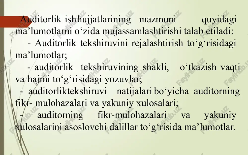 botdagi axborotlarni taqdim qilish va bayon qilish holatini o‘rganish mijozning moliyaviy va statistik hisobotlaridagi ko‘rsatkichlarning amaldagi birlamchi hujjatlar ma’lumotdlariga mosligi, to‘g‘riligi va o‘z muddatida foydalanuvchilarga taqdim etilganligini o‘rganish va baholash. 4 moliyaviy hisobot tuzilganidan so‘ng sodir bo‘lgan hodisalarni baholash mijoz moliyaviy hisobotlarida kutilmagan foyda daromad sifatida ko‘rsatilmaganligini o‘rganash; mijoz moliyaviy hisobotiga tushuntirishlar va izohlar xatida mijoz faoliyatidagi kutilmagan holatlarni tavsiflovchi axborotning mazmuni, ularni kelgusidagi natijalarga ta’siri, moliyaviy ta’sirni baholash yoki bunday baholash o‘tkazish mumkin emasligi bo‘yicha axborotlarning ochib berilganligini o‘rganish; xo‘jalik yurituvchi sub’ekt tomonidan kutilmagan vaziyatlarning oqibatlari va ularning mijoz moliyaviy natijalariga ta’sirini ob’ektiv baholanganligini o‘rganish; mijoz moliyaviy hisobotidagi favqulodda zararlarning mavjudligi va ularni moliyaviy hisobotlarda majburiyat sifatida to‘liq ochib berilganligini o‘rganish; moliyaviy hisobot auditi natijalarini umumlashtirish va baholash amallari 5 to‘plangan dalillar asosida oraliq tekshiruv natijalarini auditorlik ish hujjatlarida umumlashtirish to‘plangan dalillar asosida oraliq auditorlik ma’lumotnomasini rasmiylashtirish; oraliq auditorlik ma’lumotnomalari asosida har bir tekshiruv ob’ekti bo‘yicha umumiy auditorlik ma’lumotnomasini …