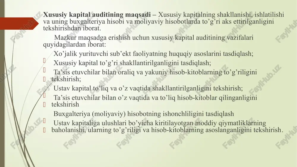 n oshgan arzonlashtirilgan summa xarajat sifatida tan olinadi va 9430 “boshqa operasion xarajatlar” schyotida aks ettiriladi. auditor asosiy fondlarning har yilning 1 yanvari holatiga qaytadan baholash, obektlarni avvalgi qayta baholash natijasida olingan dastlabki (tiklanish) qiymatidan, yil davomida kelib tushgan asosiy fondlar bo’yicha - sotib olish qiymatidan amalga oshirilishini unutmasligi kerak. yer uchastkalari va tabiatidan foydalanish obektlari qayta baholanmaydi. xususiy kapital to’g’risidagi hisobotdagi sotib olingan xususiy aktsiyalar va maqsadli tushumlar bo’yicha ko’rsatkichlar auditi. auditorlik tekshiruv jarayonida aksionerlik jamiyat tomonidan keyinchalik qayta sotish yoki bekor qilish maqsadida sotib olingan xususiy aksiyalarning qiymati ko’rsatiladi. sotib olingan xususiy aksiyalar quyidagi schetlarda hisobga olinadi: 8610 “sotib olingan xususiy aksiyalar - oddiy”; 8620 “sotib olingan xususiy aksiyalar - imtiyozli” sotib olingan xususiy aksiyalarni hisobga oluvchi schyotlar 8300 “ustav kapitalini hisobga oluvchi schyotlar”ga nisbatan kontr-passiv schyot hisoblanib, aksiyadorlik jamiyatlarining ustav kapitali miqdorini kamaytiradi va balansda ustav kapitali summasidan chegiriladigan summa sifatida ko’rsatiladi. aksiyadorlik jamiyati keyinchalik qayta sotish, …