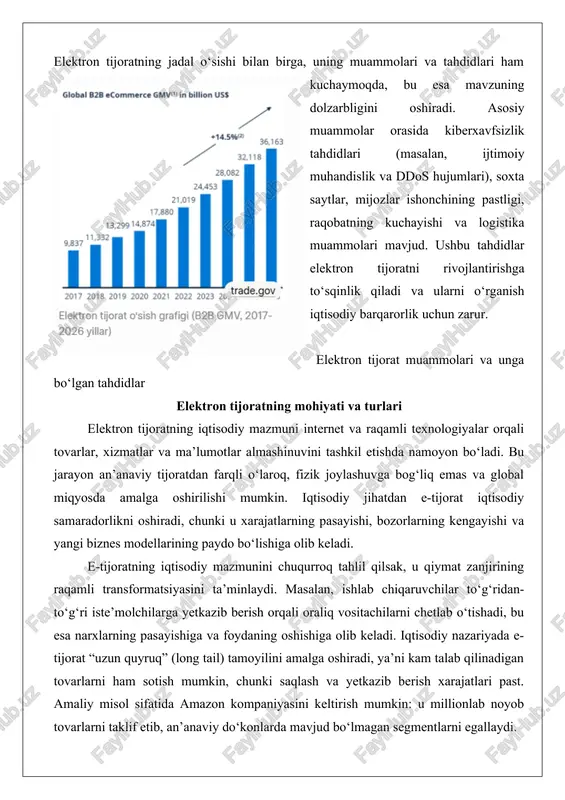 asalan, mahalliy hunarmandlar o‘z mahsulotlarini global bozorga chiqarish orqali daromadlarini oshirishlari mumkin. biroq, iqtisodiy mazmunning salbiy tomoni ham bor: raqobatning kuchayishi kichik korxonalarni siqib chiqarishi mumkin. tahlil shuni ko‘rsatadiki, e-tijorat iqtisodiyotni demokratlashtiradi, lekin adolatli taqsimotni ta’minlash uchun regulyator siyosatlar kerak. b2b, b2c, c2c, g2c kabi asosiy modellar e-tijoratning asosiy modellarini quyidagilar tashkil etadi: b2b (business to business), b2c (business to consumer), c2c (consumer to consumer) va g2c (government to citizen). har bir model o‘ziga xos xususiyatlarga ega bo‘lib, turli sektorlarda qo‘llaniladi.b2b modeli korxonalar o‘rtasidagi tijoratni anglatadi. bu modelda katta hajmdagi tovarlar sotiladi va uzoq muddatli shartnomalar asosida ishlaydi. masalan, alibaba platformasi b2b modeliga asoslanib, ishlab chiqaruvchilar va ulgurji sotuvchilarni bog‘laydi. afzalligi – tranzaksiya xarajatlari past va ta’minot zanjiri optimallashtirilgan. amaliy misol: avtomobil sanoatida qismlar yetkazib beruvchilar b2b orqali ishlaydi, bu esa ishlab chiqarishni tezlashtiradi. b2c modeli korxonalar to‘g‘ridan-to‘g‘ri iste’molchilarga tovar sotishini ta’minlaydi. bu eng keng tarqalgan model bo‘lib, amazon, ebay …