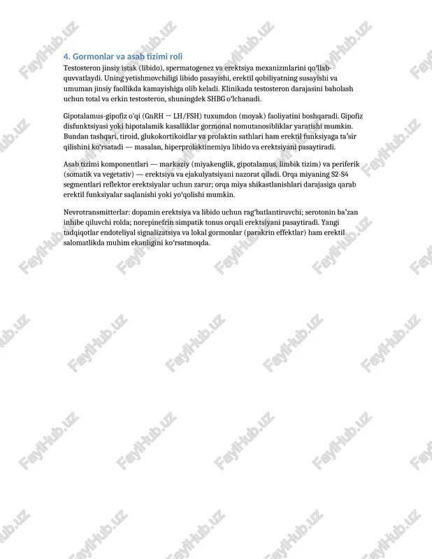 i. bu holatda sikl—muvaffaqiyatsizlik—uning takrorlanishini kuchaytiradi va ruhiy moslashuvni yanada yomonlashtiradi. psixoterapiya, kognitiv-behavioral terapiya va juftlik terapiyasi ko‘plab hollarda samarali. terapevtik yondashuvlar orasida stressni kamaytirish texnikalari, muloqot treninglari va seksual mahoratni oshirish darslari bor. ruhiy omillarni butunlay rad etmaslik va organik sabablarni istisno qilish muhimdir. jinsiy tarbiya va maʼlumotlarning yetishmasligi ham notoʻgʻri tushuncha va umidsizlikni kuchaytiradi. ijtimoiy stigmalar, diniy-maʼnaviy qarashlar va madaniy talablarga bogʻliq xulq ham jinsiy muammolarni ogʻirlashtiradi. klinik baholashda psixologik tarix va juftlik munosabatlari har doim eʼtiborga olinishi lozim. 6. jinsiy aloqaning bosqichlari (ilmiy tahlil asosida) jinsiy aloqaning klassik modeliga koʻra beshta yoki toʻrt bosqich mavjud: istak (desire), qoʻzgʻalish (arousal), plato (plateau), orgazm (orgasm) va rezolyutsiya (resolution). har bir bosqich fiziologik va psixologik oʻzgarishlar bilan tavsiflanadi va timsal uchun parametrlar (yurak urishi, qon bosimi, genitourinary reaktsiyalar) oʻlchanadi. istak bosqichida gormonal va markaziy motivatsiya rol oʻynaydi; libido darajasi har xil omillarga — gormonal, psixologik va ijtimoiy — bogʻliq. qoʻzgʻalish …