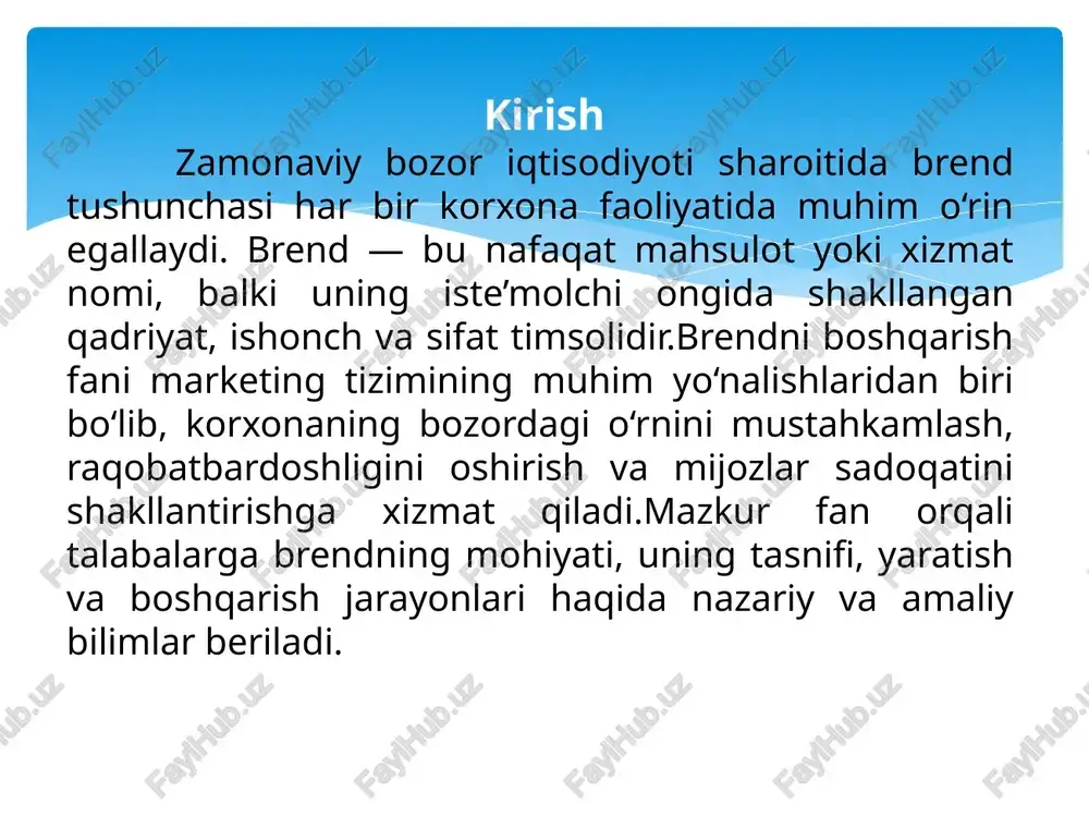 sning yuragi bo'lib, u strategik rejalashtirishdan boshlab, imidj shakllantirish va raqobatdagi rivojlanishgacha bo'lgan keng doirani qamrab oladi. brend strategiyasini ishlab chiqish bosqichlari orqali kompaniya o'z maqsadlarini aniqlaydi va yo'l xaritasi yaratadi. identifikatsiya va imidj shakllantirish brendning tashqi va ichki ko'rinishini mustahkamlaydi, bozor raqobatida rivojlantirish usullari esa uni dinamik va raqobatbardosh qiladi. muvaffaqiyatli brendlar misollari, masalan apple, nike va coca-cola, shuni ko'rsatadiki, izchillik, innovatsiya va mijozga yo'naltirilganlik kalit omillar. ushbu jarayonni samarali boshqarish orqali kompaniyalar nafaqat bozor ulushini oshiradi, balki uzoq muddatli barqarorlikka erishadi. xulosa kotler f., keller k. l. marketing menejmenti. – toshkent: iqtisodiyot, 2019. aaker d. a. brend qiymatini boshqarish. – moskva: eksmo, 2018. kapferer j.-n. brendlar: strategik boshqaruv. – moskva: williams, 2020. keller k. l. strategic brand management. – pearson education, 2016. olins w. brend nima? – london: thames & hudson, 2017. o‘zbekiston respublikasi prezidentining “milliy mahsulotlarni jahon bozorida ilgari surish chora-tadbirlari to‘g‘risida”gi farmoni, 2022-yil. foydalanilgan adabiyotlar ro‘yxati …