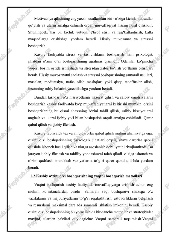 ni samarali taqsimlash.vaqtni samarali taqsimlash — bu o‘zgaruvchan ish yuklari va majburiyatlar bilan bog‘liq stressni kamaytirish va eng muhim vazifalarga ko‘proq e'tibor qaratishning samarali usulidir. vaqtni rejalashtirishda eng asosiy vazifa — kunlik, haftalik yoki oylik reja tuzishdir. rejalashtirish orqali shaxs o‘z vaqtini qanday sarflashini oldindan belgilab, ko‘p vazifalarni muvozanatli ravishda bajarishi mumkin. masalan, 24 soatni samarali taqsimlash uchun "pomodoro" usulini qo‘llash mumkin. bu metodda 25 daqiqalik ish va 5 daqiqalik tanaffuslar alohida belgilanadi. tanaffuslar vaqti bilan stressni kamaytirib, ishning samaradorligini oshirishga yordam beradi. tashkiliy strategiyalarni ishlab chiqish.tashkiliy ko‘nikmalarni rivojlantirish vaqtni boshqarishning samarali usulidir. bu strategiyalar orqali shaxs o‘zining kasbiy faoliyatini rejalashtiradi, vazifalarni oldindan belgilaydi va vaqtni to‘g‘ri taqsimlashni amalga oshiradi. tashkiliy yondashuv shaxsning barcha ishlarini bir joyga jamlash va ular o‘rtasidagi ustuvorliklarni aniqlash imkonini beradi. misol uchun, "eisenhower matrix" usuli orqali vazifalarni uchta toifaga ajratish mumkin: · muhim va shoshilinch (bajarilishi kerak), · muhim, lekin shoshilinch emas (rejalashtirilishi kerak), · …